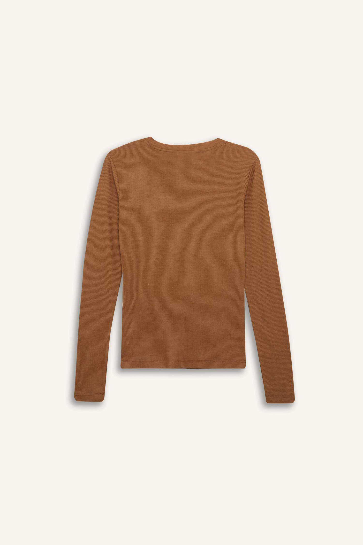 Slim Fit Dar Kesim Bisiklet Yaka Fitilli Kaşkorse Uzun Kollu Tişört