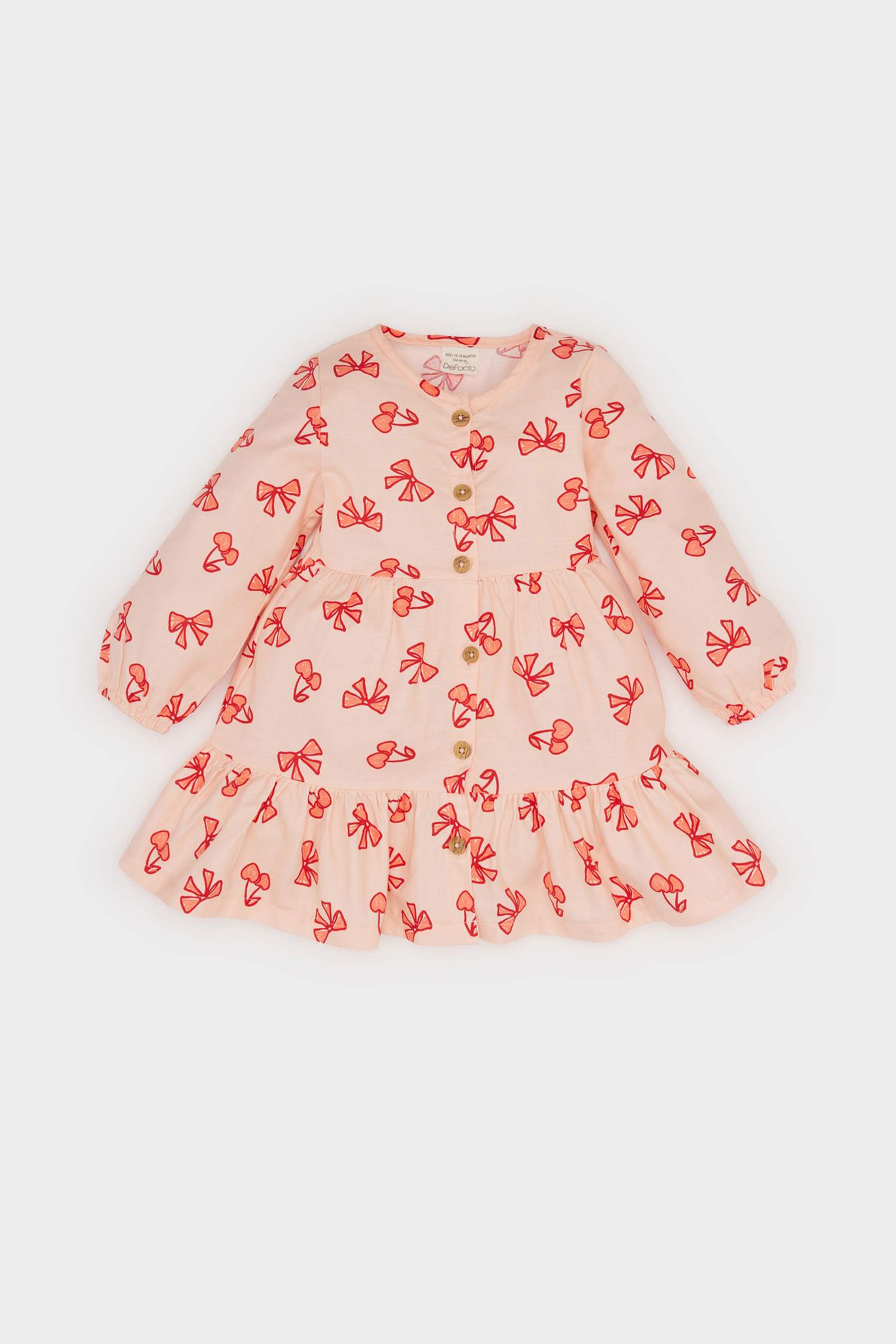 Kız Bebek Fiyonk Desenli Uzun Kollu Twill Elbise