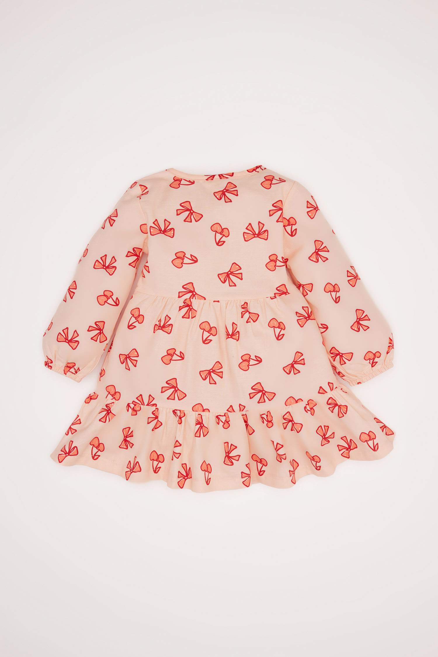 Kız Bebek Fiyonk Desenli Uzun Kollu Twill Elbise