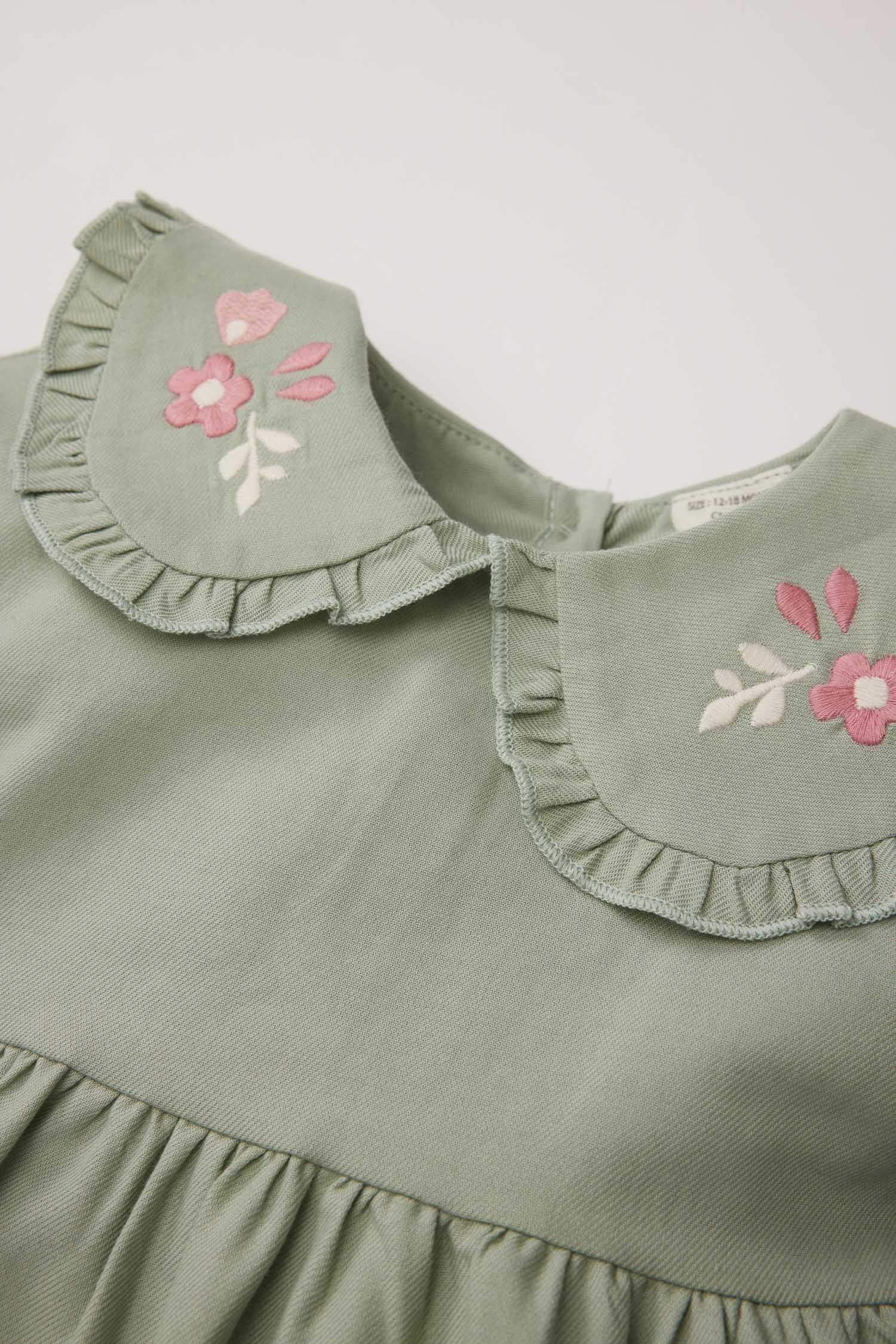 فستان بيبي بناتي فلورال مطرز تويل كم طويل بياقة كبيرة