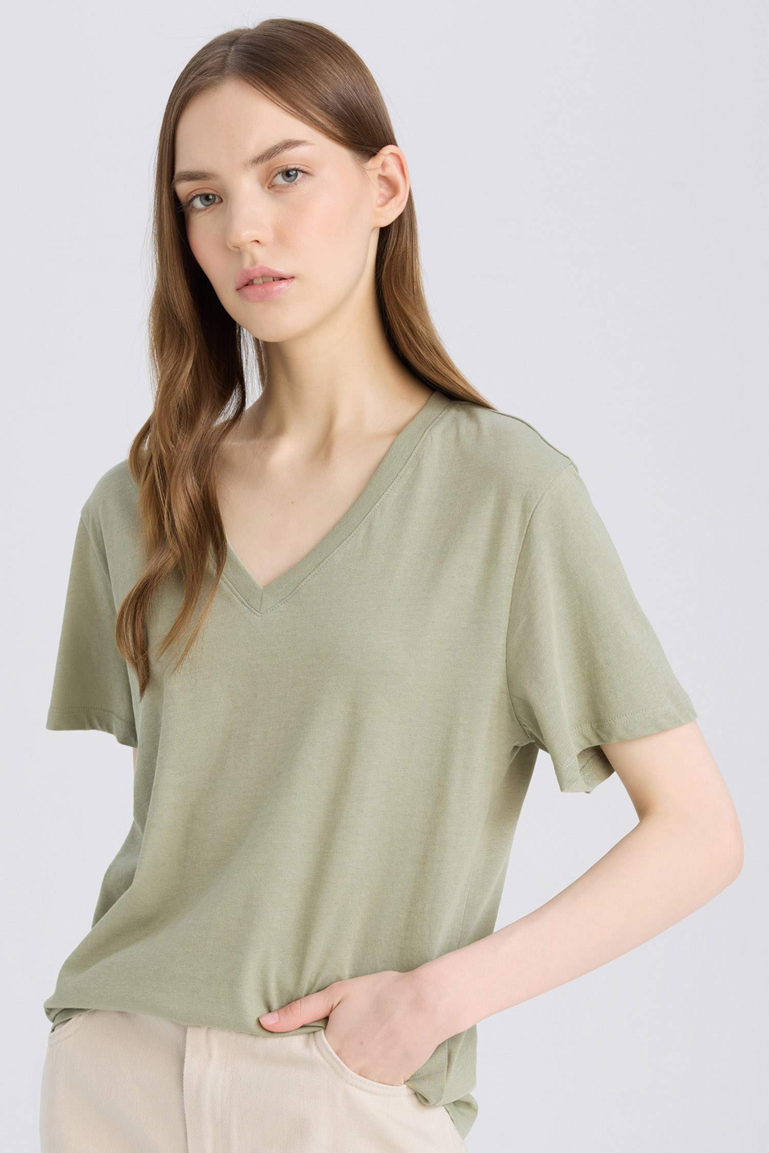 Regular Fit V Yaka Basic Düz Kısa Kollu Tişört