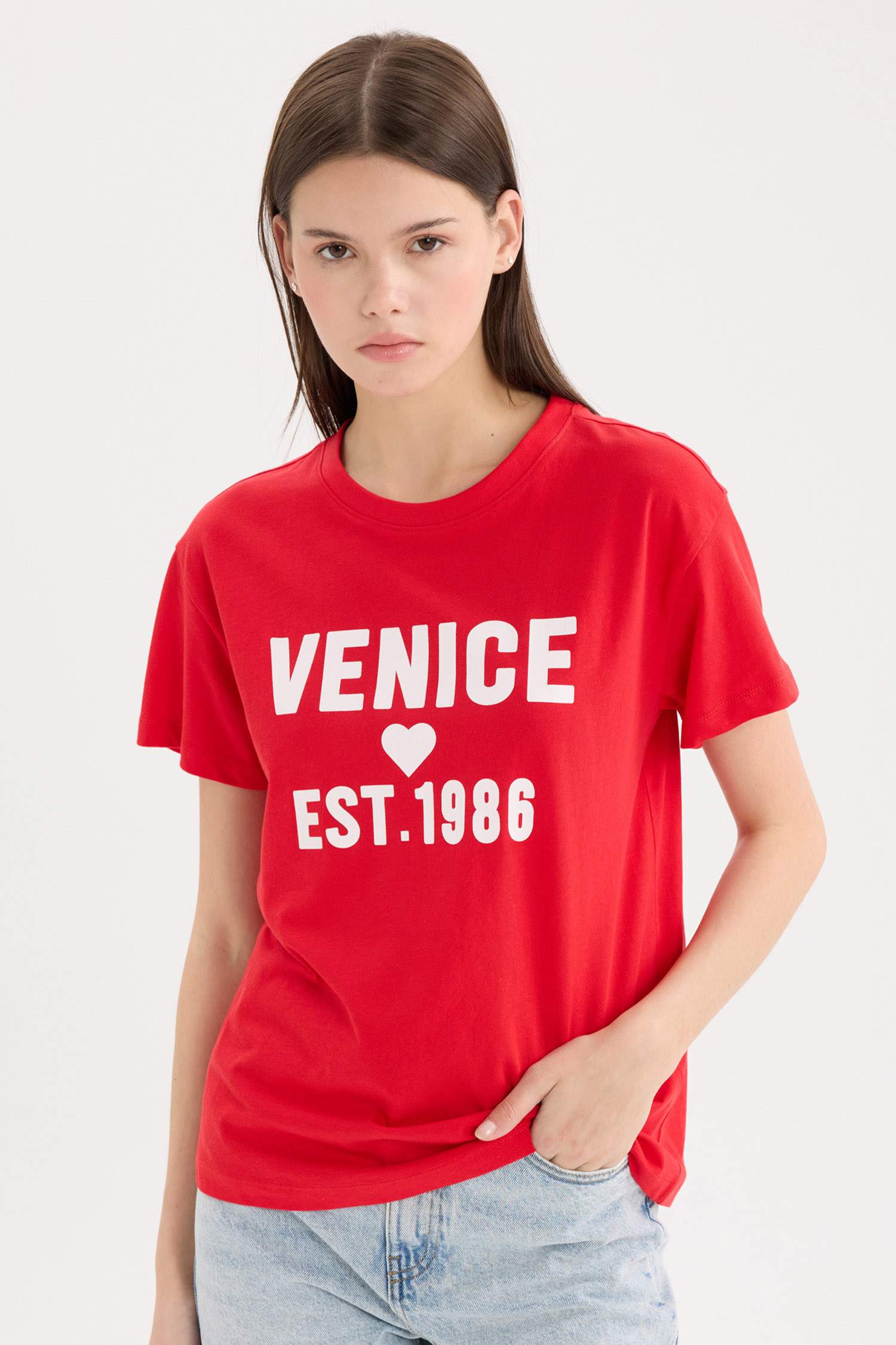 Regular Fit Bisiklet Yaka Baskılı Kısa Kollu Tişört