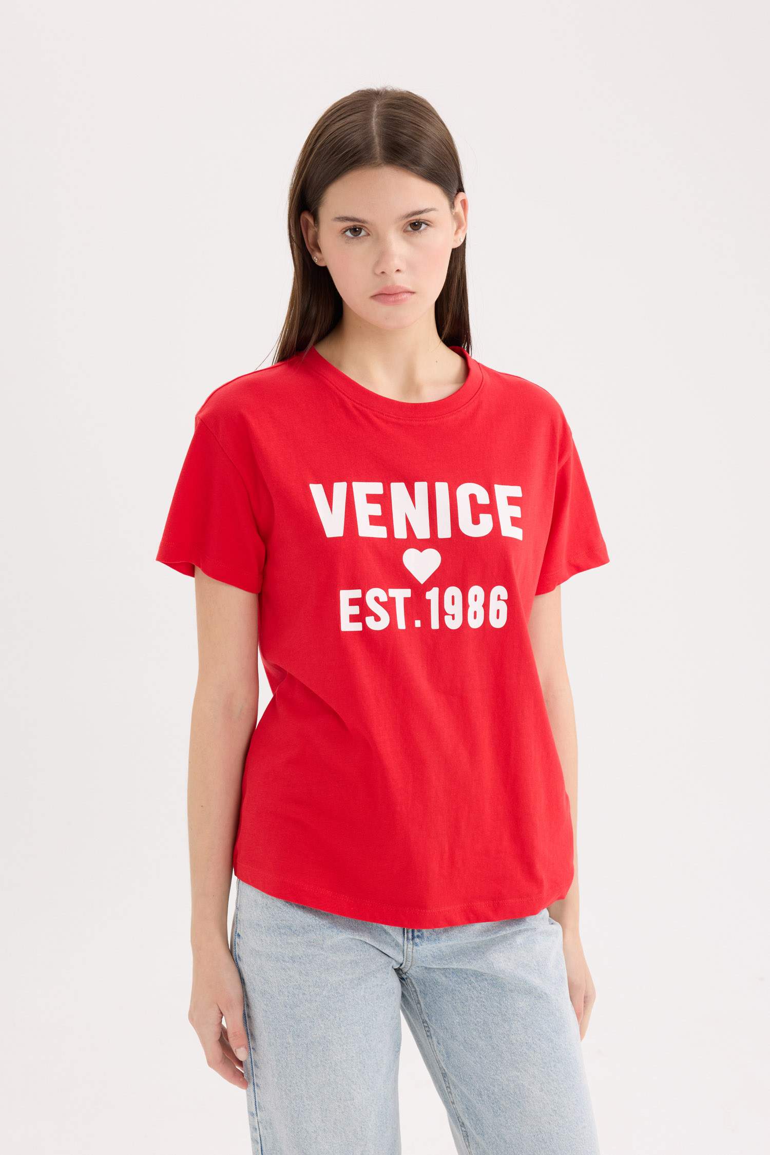 Regular Fit Bisiklet Yaka Baskılı Kısa Kollu Tişört