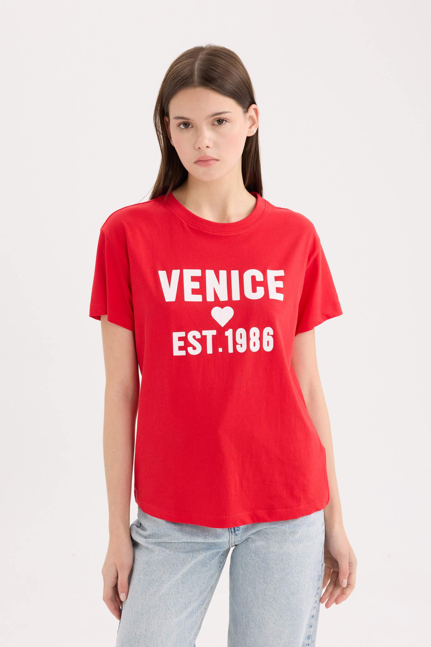 Regular Fit Bisiklet Yaka Baskılı Kısa Kollu Tişört