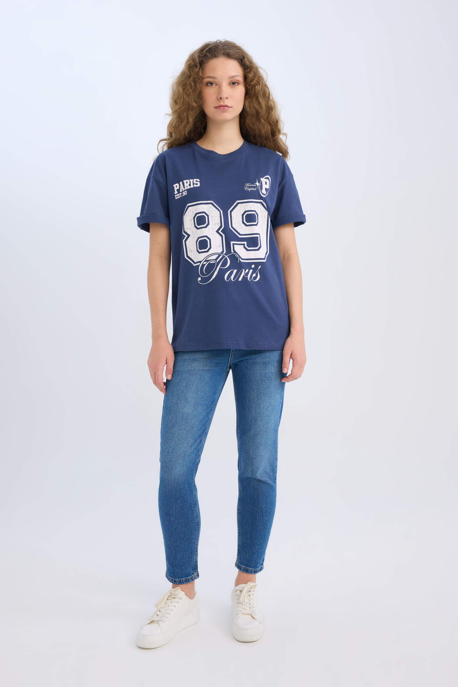 Oversize Geniş Kalıp Bisiklet Yaka Baskılı Kısa Kollu Tişört