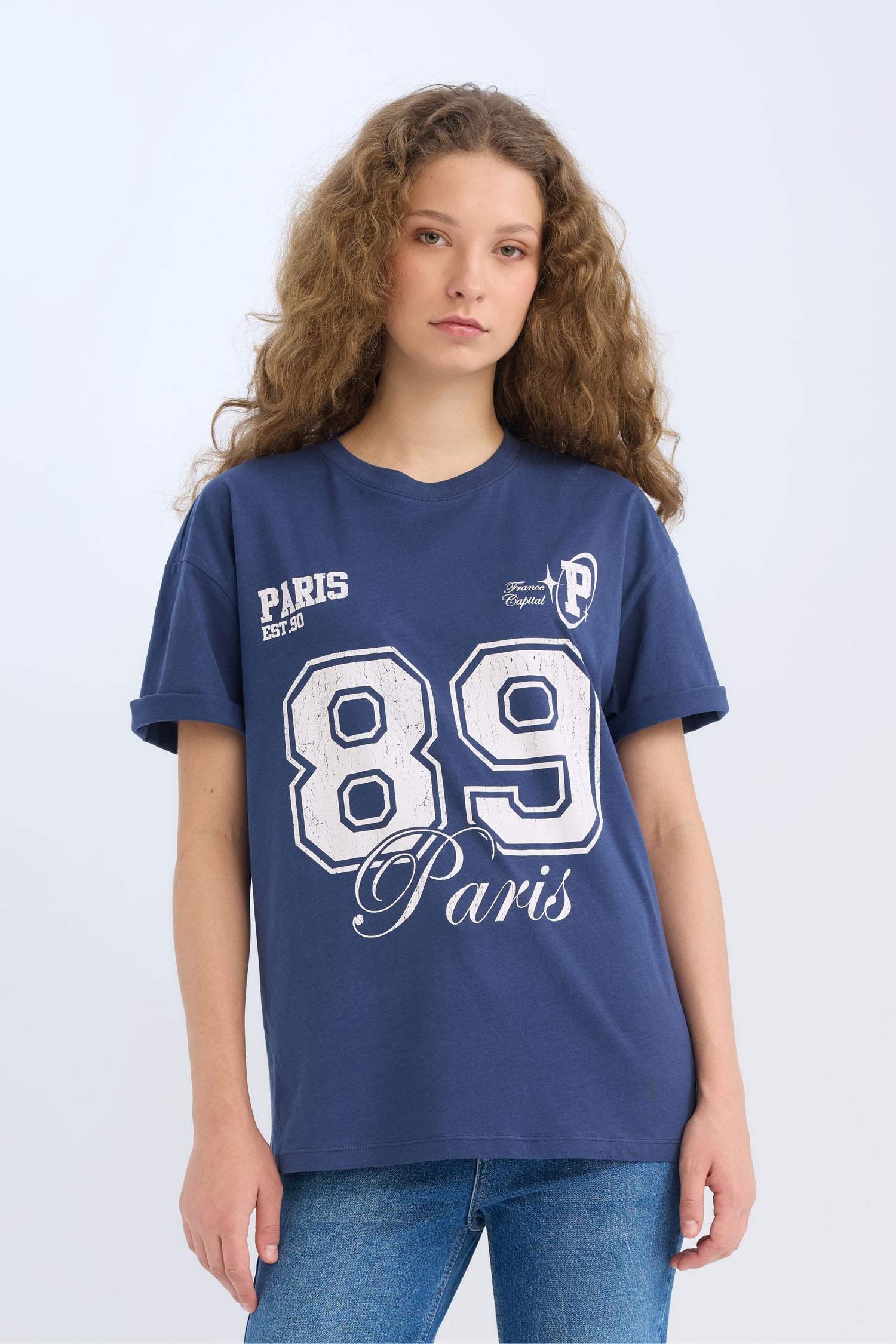 Oversize Geniş Kalıp Bisiklet Yaka Baskılı Kısa Kollu Tişört