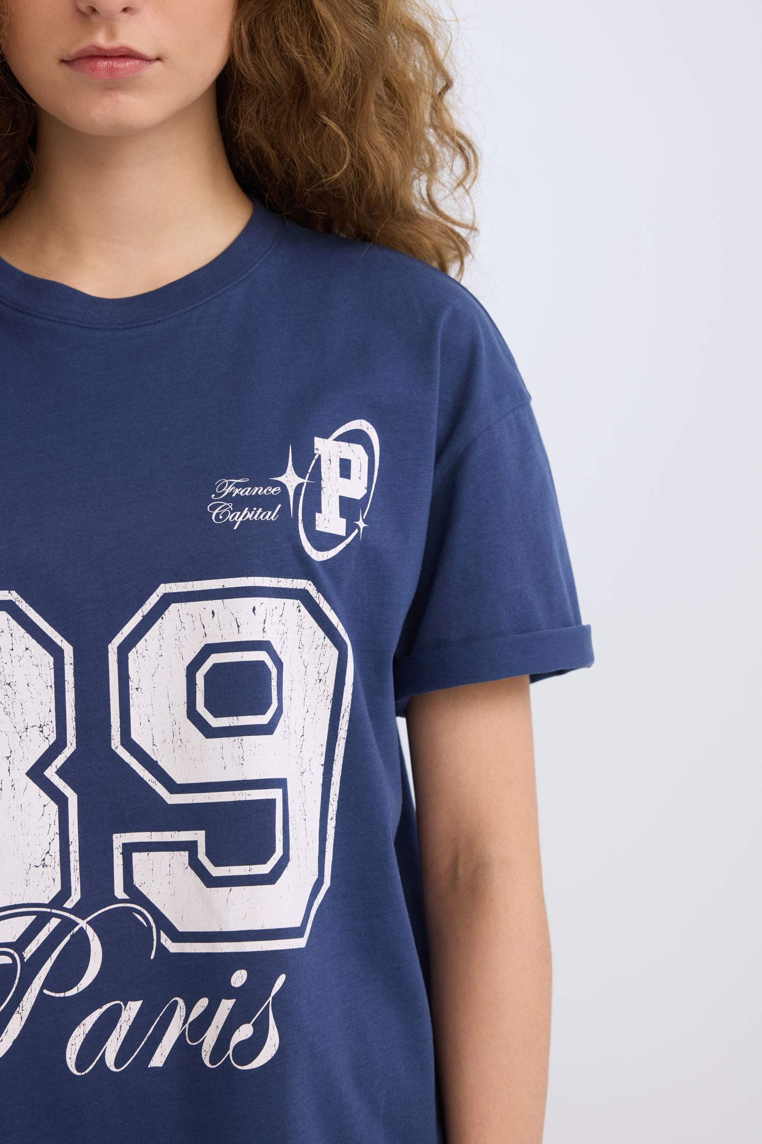 Oversize Geniş Kalıp Bisiklet Yaka Baskılı Kısa Kollu Tişört