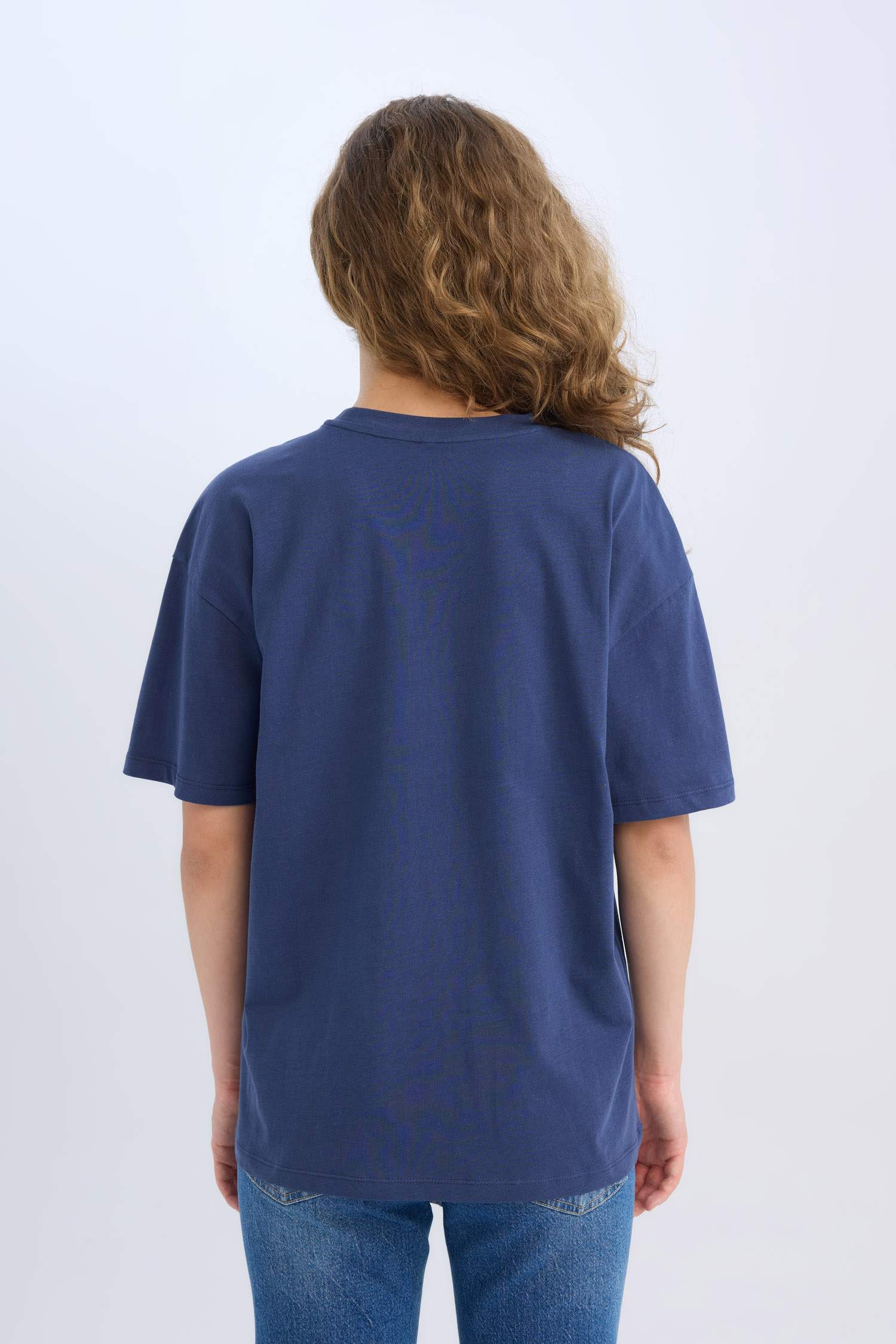 Oversize Geniş Kalıp Bisiklet Yaka Baskılı Kısa Kollu Tişört