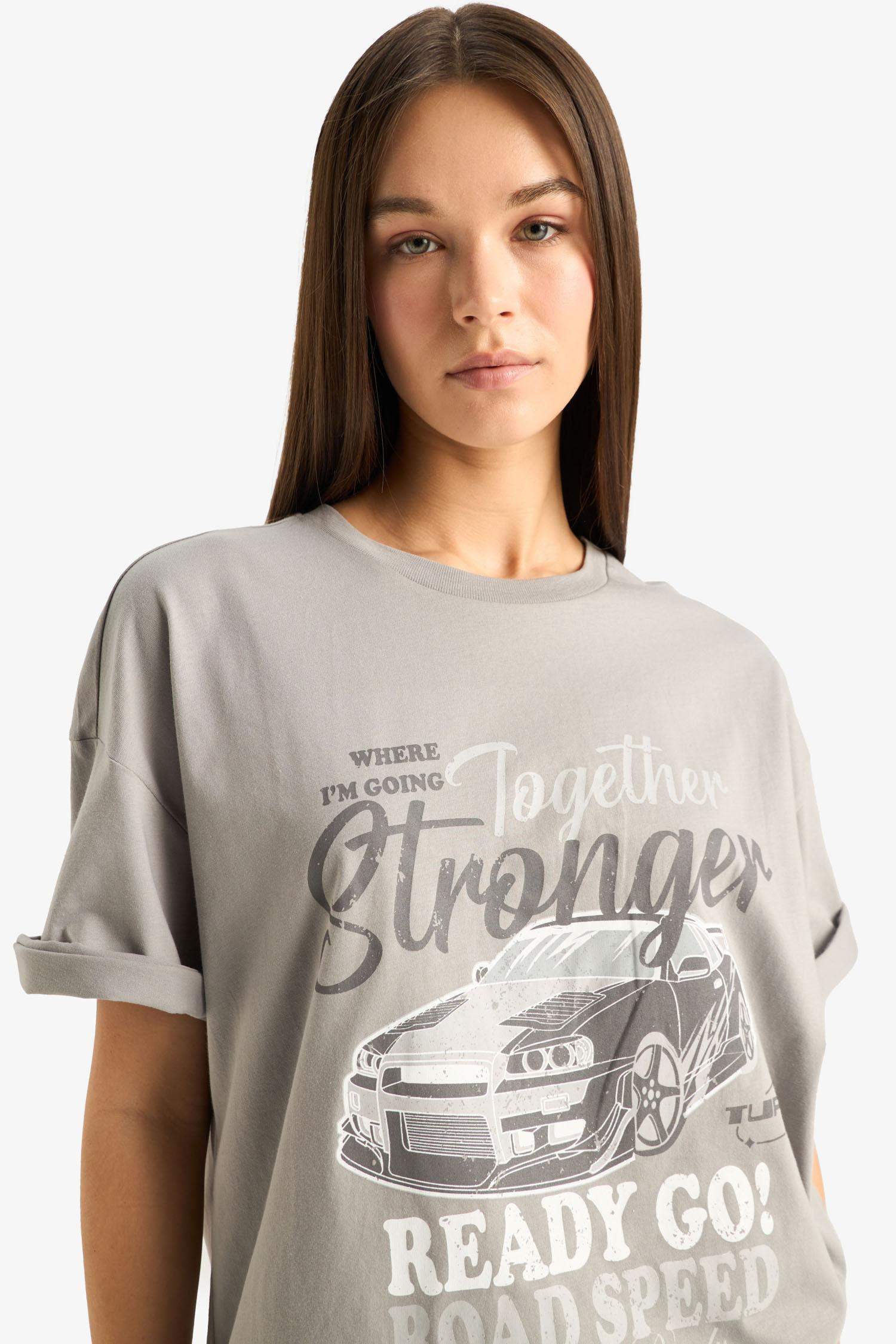 Oversize Geniş Kalıp Bisiklet Yaka Baskılı Kısa Kollu Tişört