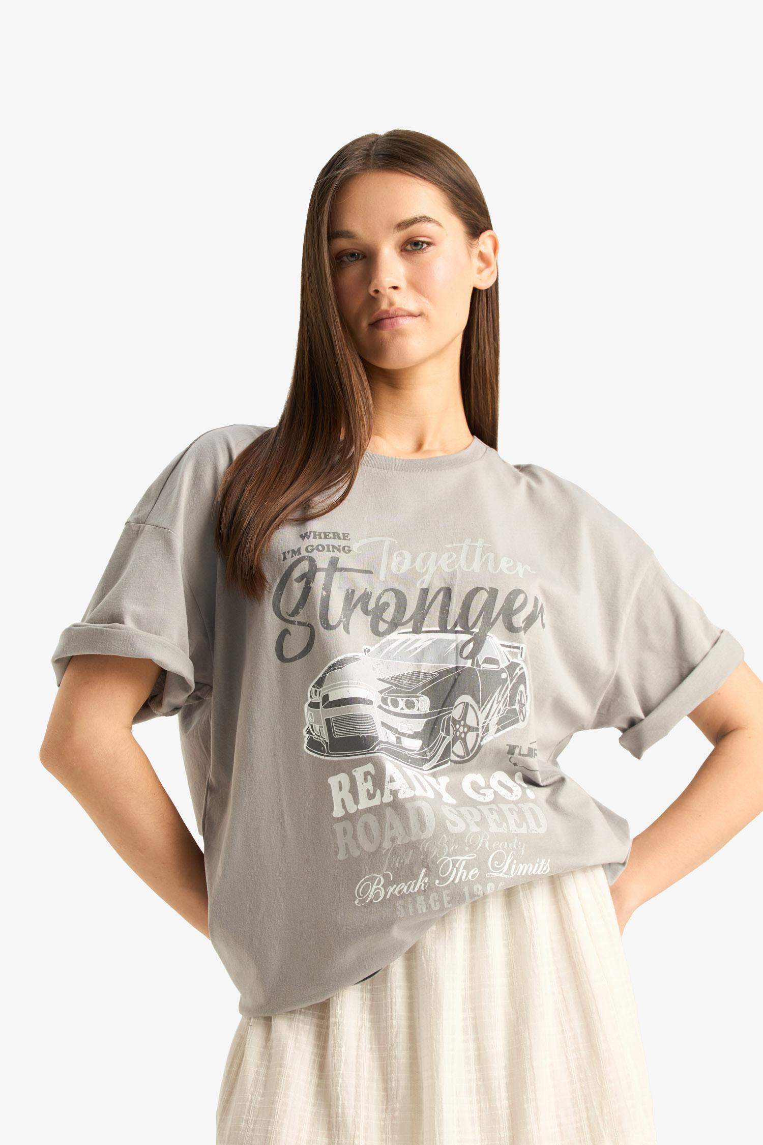 Oversize Geniş Kalıp Bisiklet Yaka Baskılı Kısa Kollu Tişört