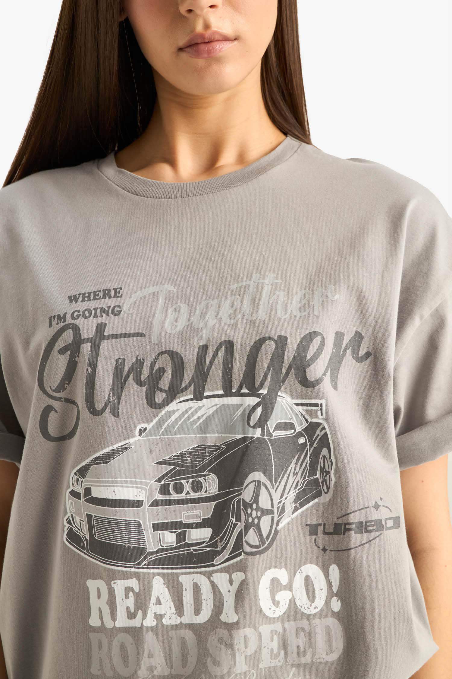 Oversize Geniş Kalıp Bisiklet Yaka Baskılı Kısa Kollu Tişört