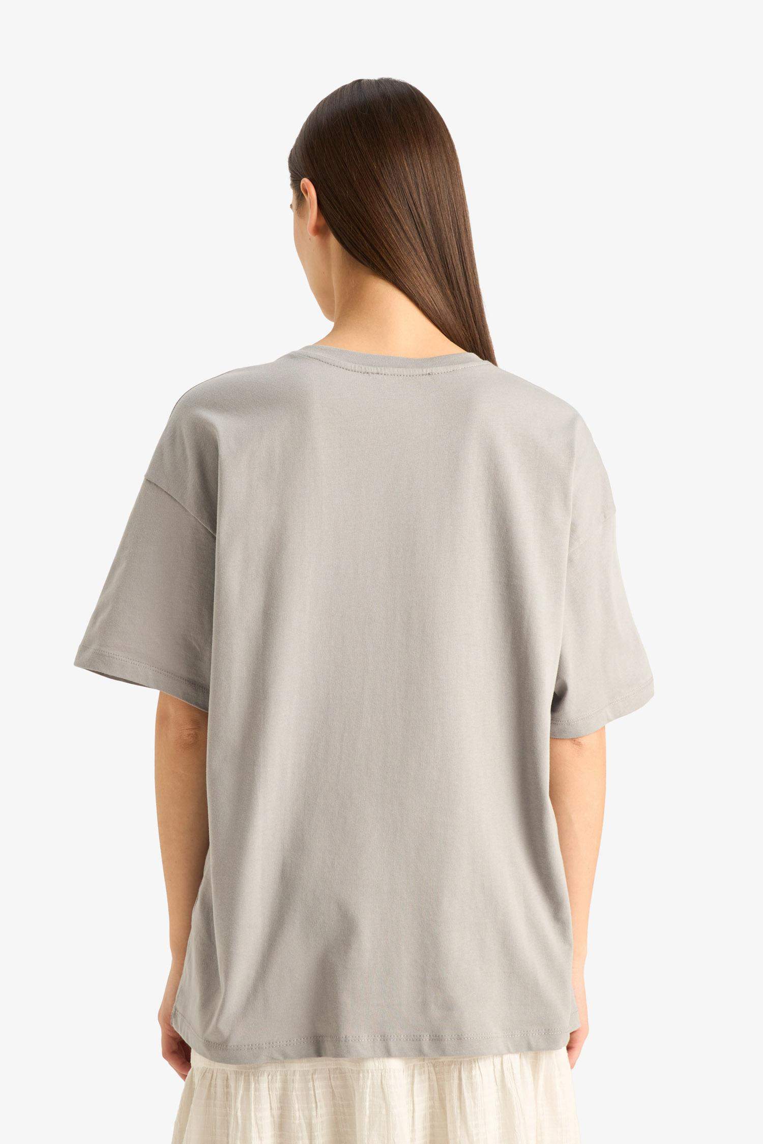 Oversize Geniş Kalıp Bisiklet Yaka Baskılı Kısa Kollu Tişört