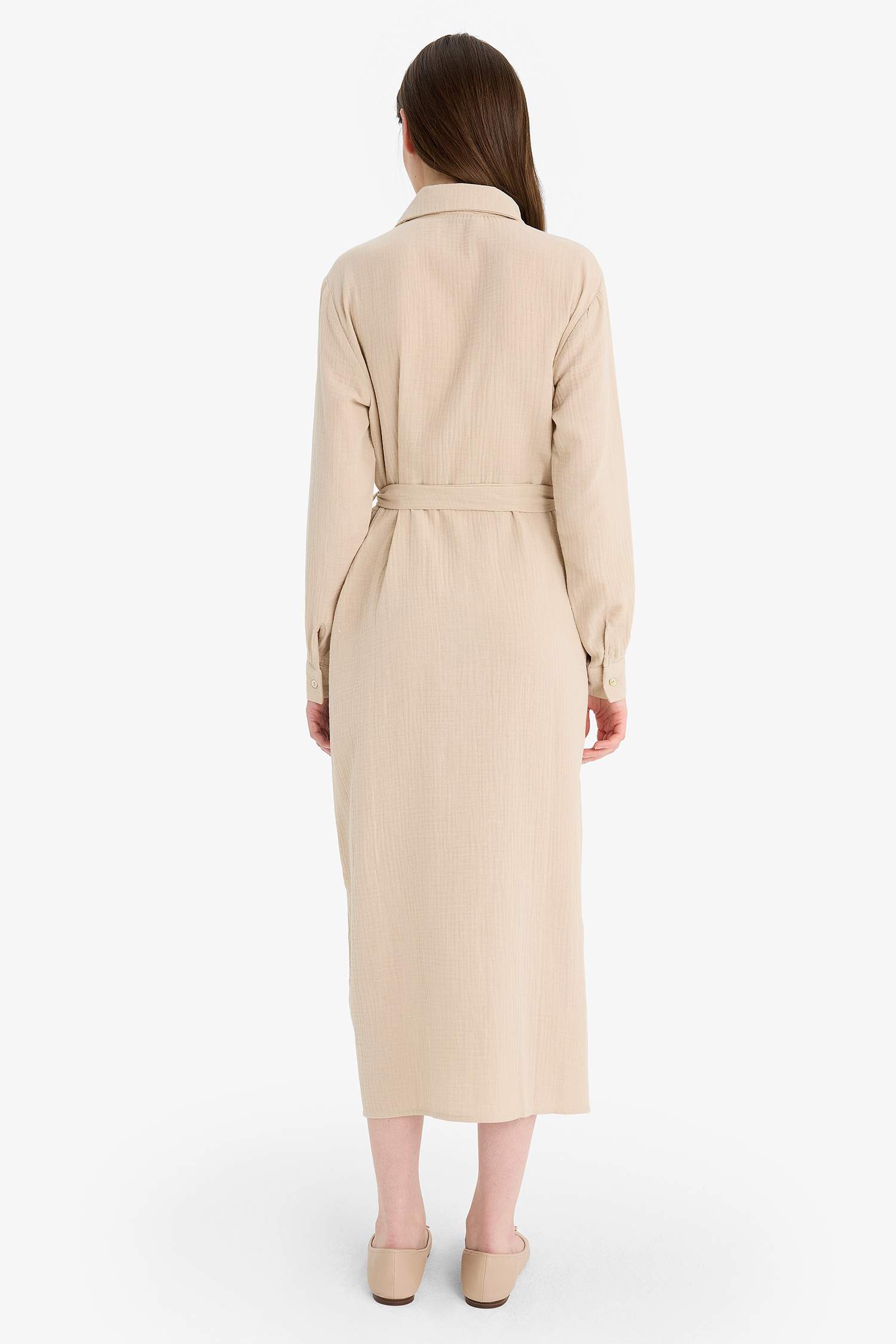 Gömlek Yaka Kuşaklı Müslin Uzun Kollu Maxi Elbise