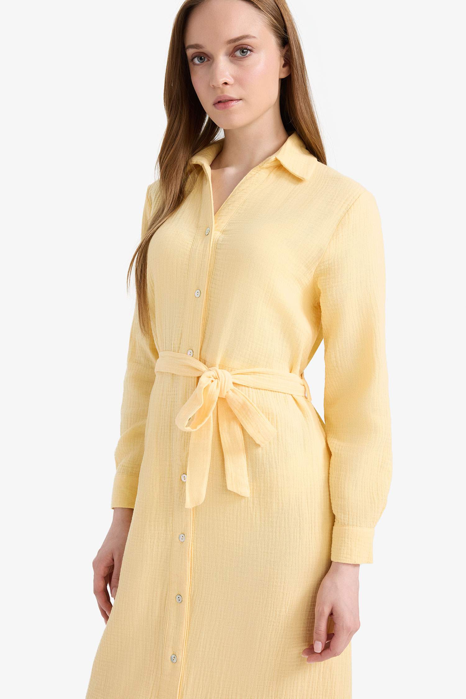 Gömlek Yaka Kuşaklı Müslin Uzun Kollu Maxi Elbise