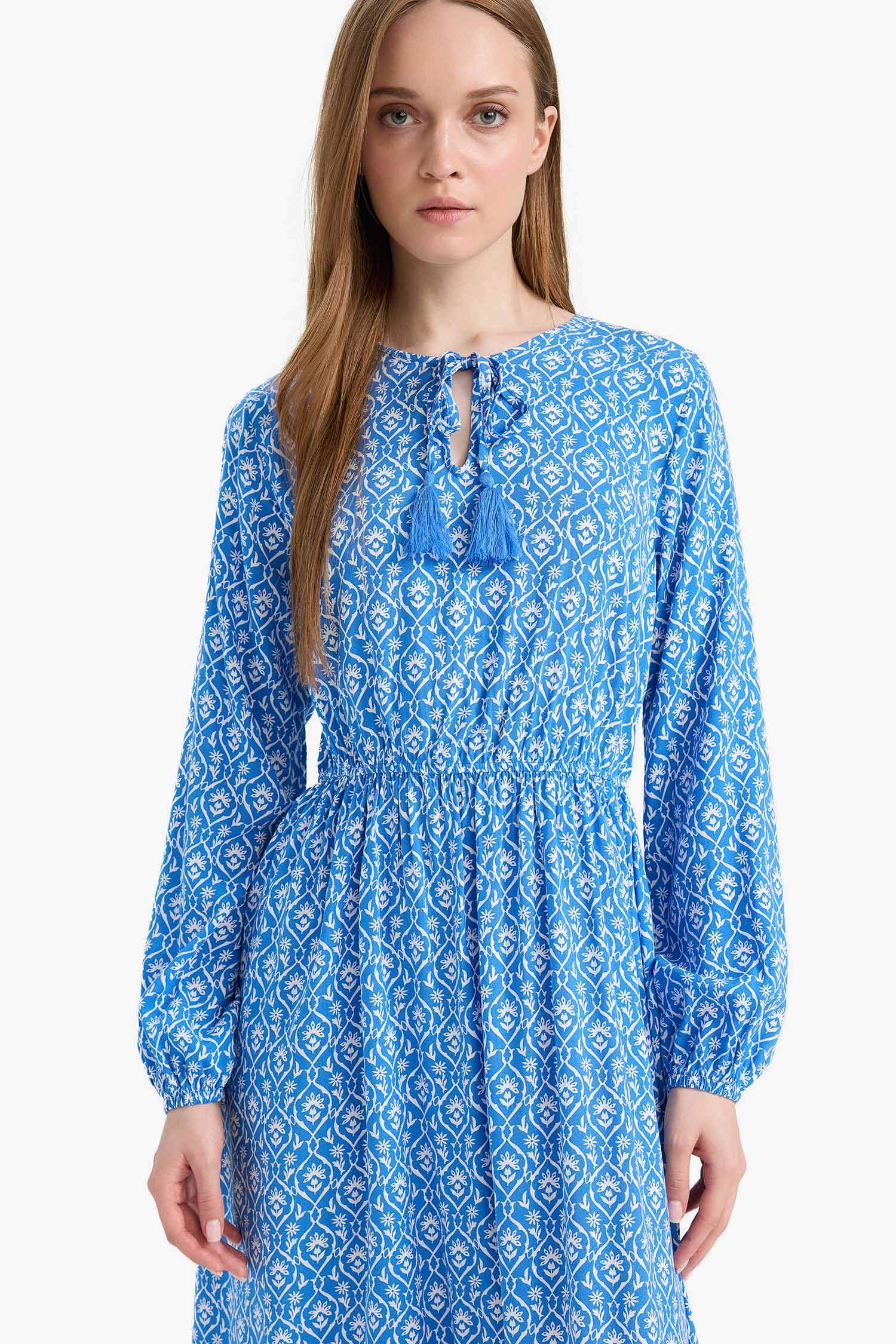 Bisiklet Yaka Desenli Viskon Uzun Kollu Maxi Elbise