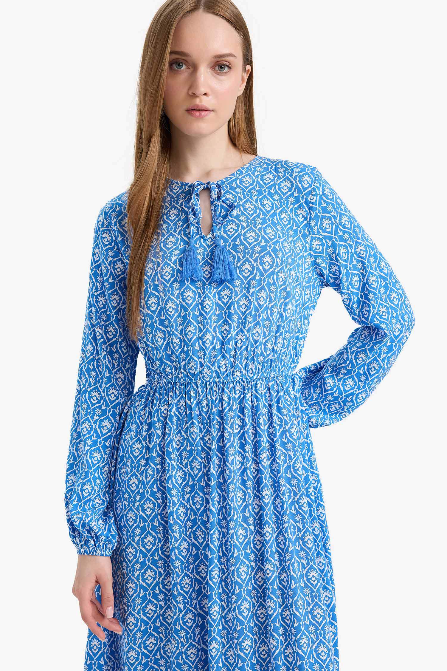 Bisiklet Yaka Desenli Viskon Uzun Kollu Maxi Elbise