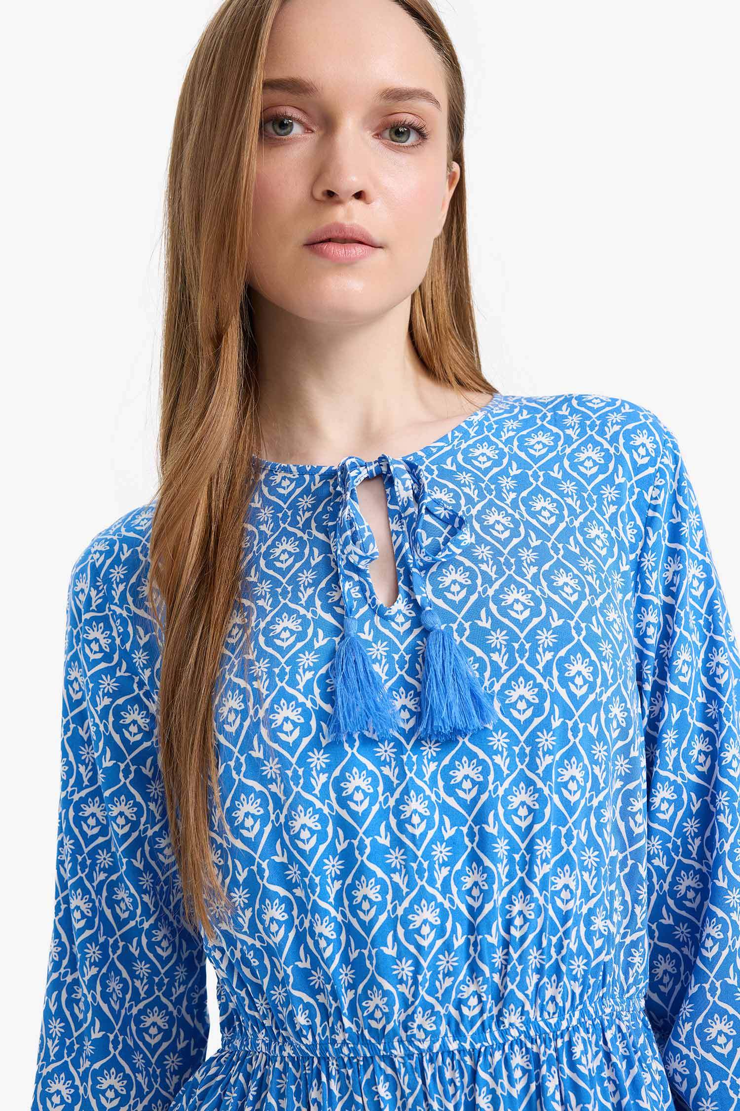 Bisiklet Yaka Desenli Viskon Uzun Kollu Maxi Elbise