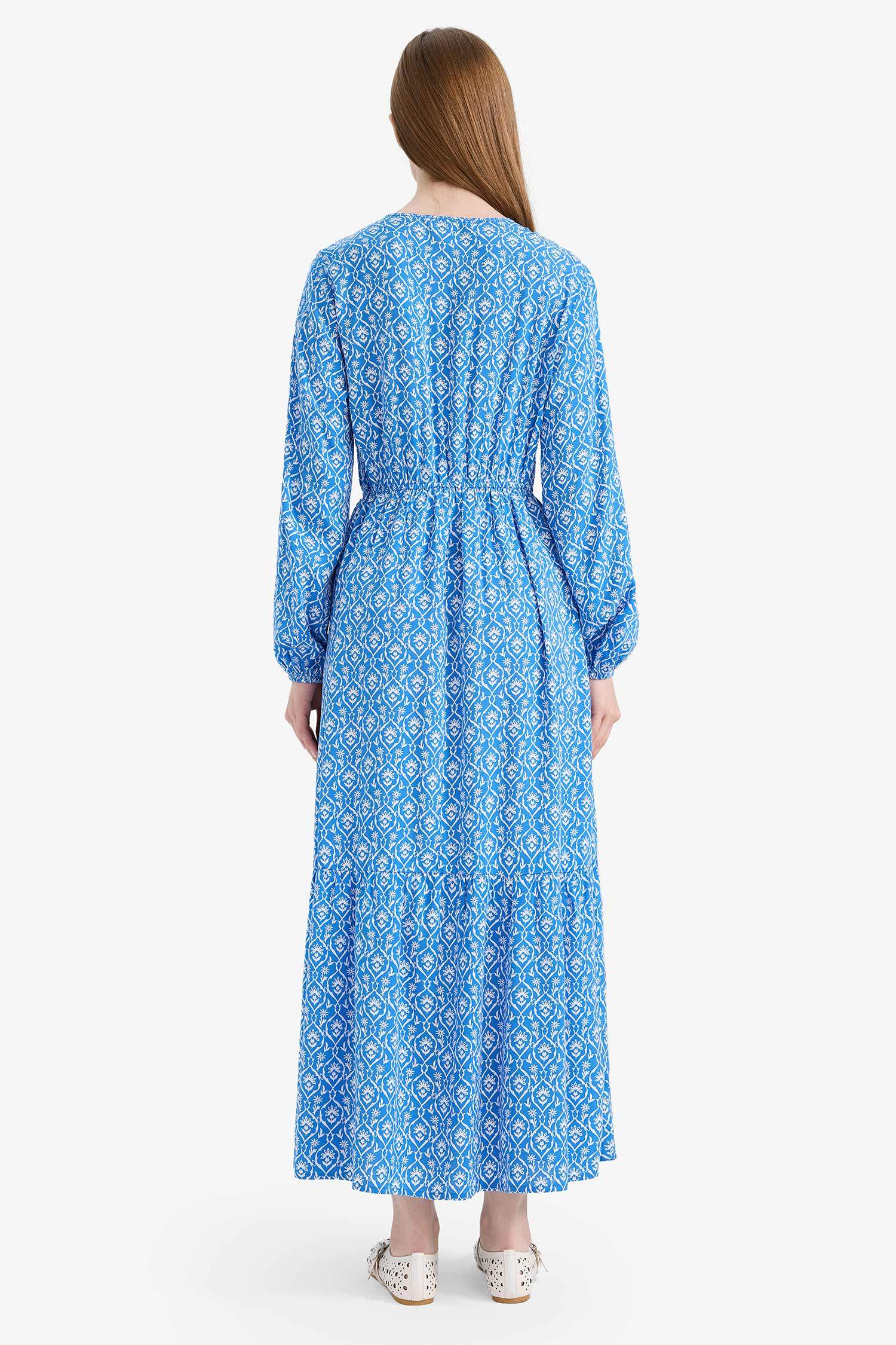 Bisiklet Yaka Desenli Viskon Uzun Kollu Maxi Elbise