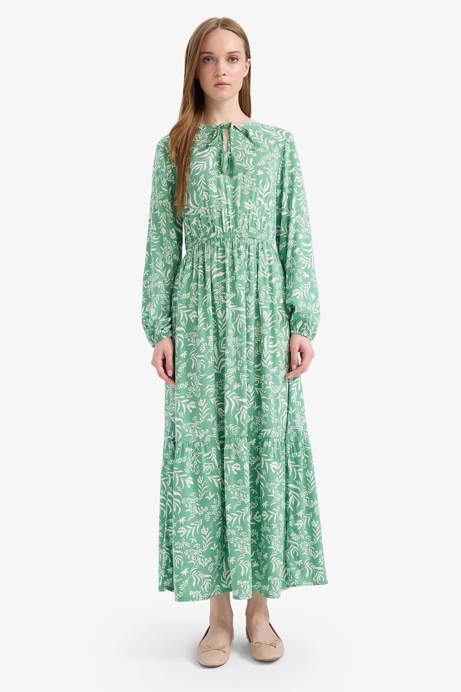 Bisiklet Yaka Desenli Viskon Uzun Kollu Maxi Elbise