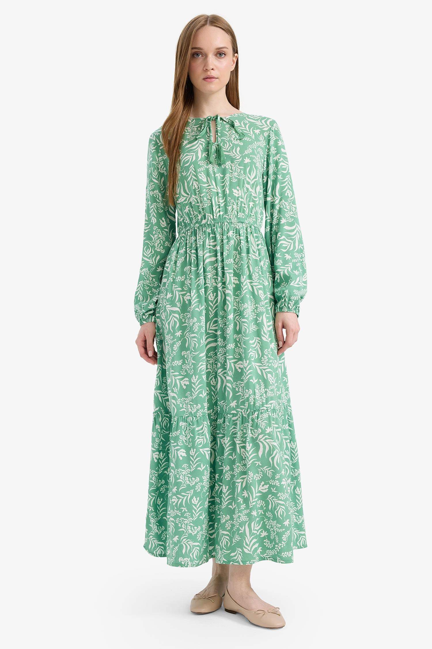 Bisiklet Yaka Desenli Viskon Uzun Kollu Maxi Elbise