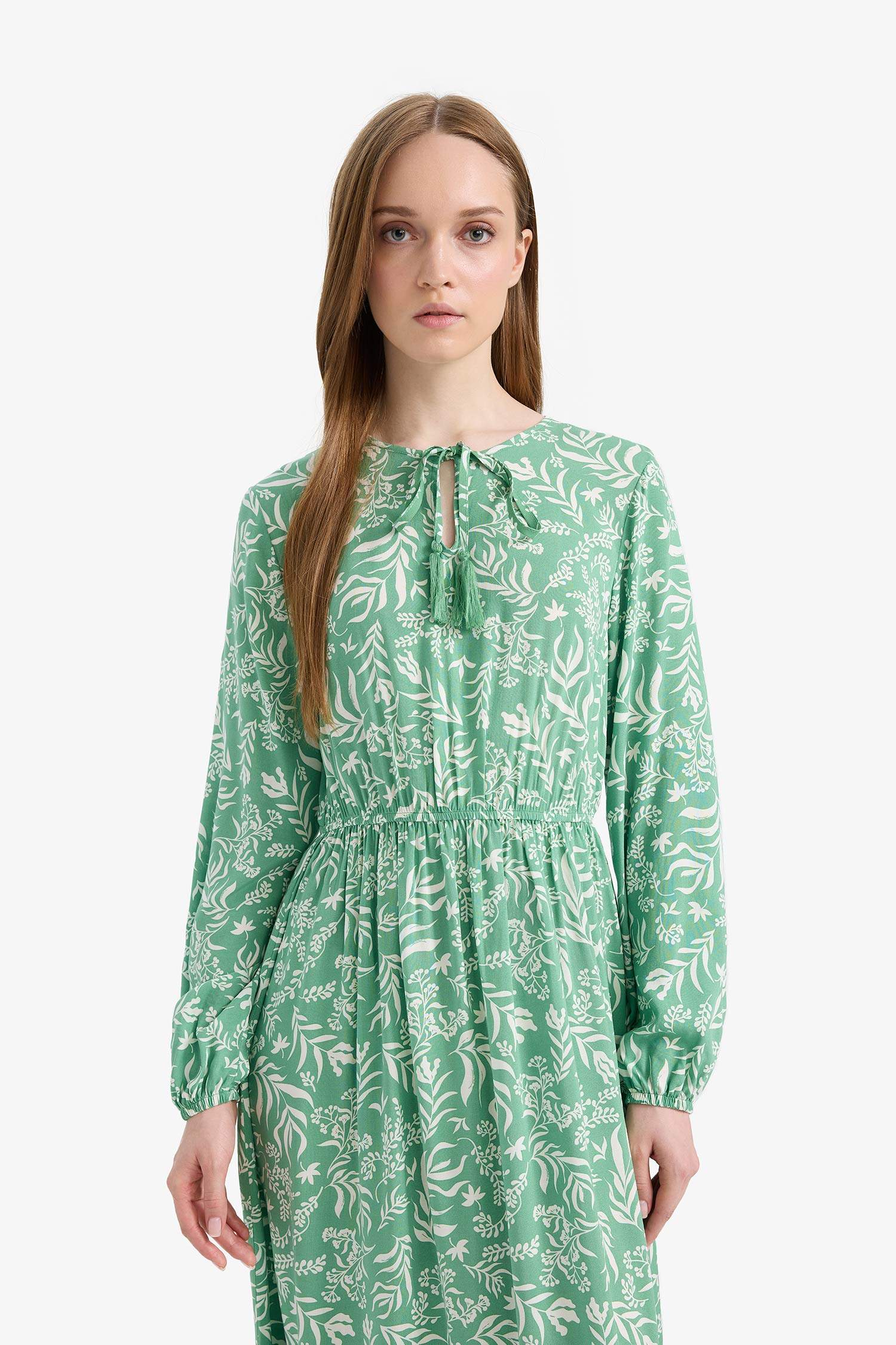 Bisiklet Yaka Desenli Viskon Uzun Kollu Maxi Elbise