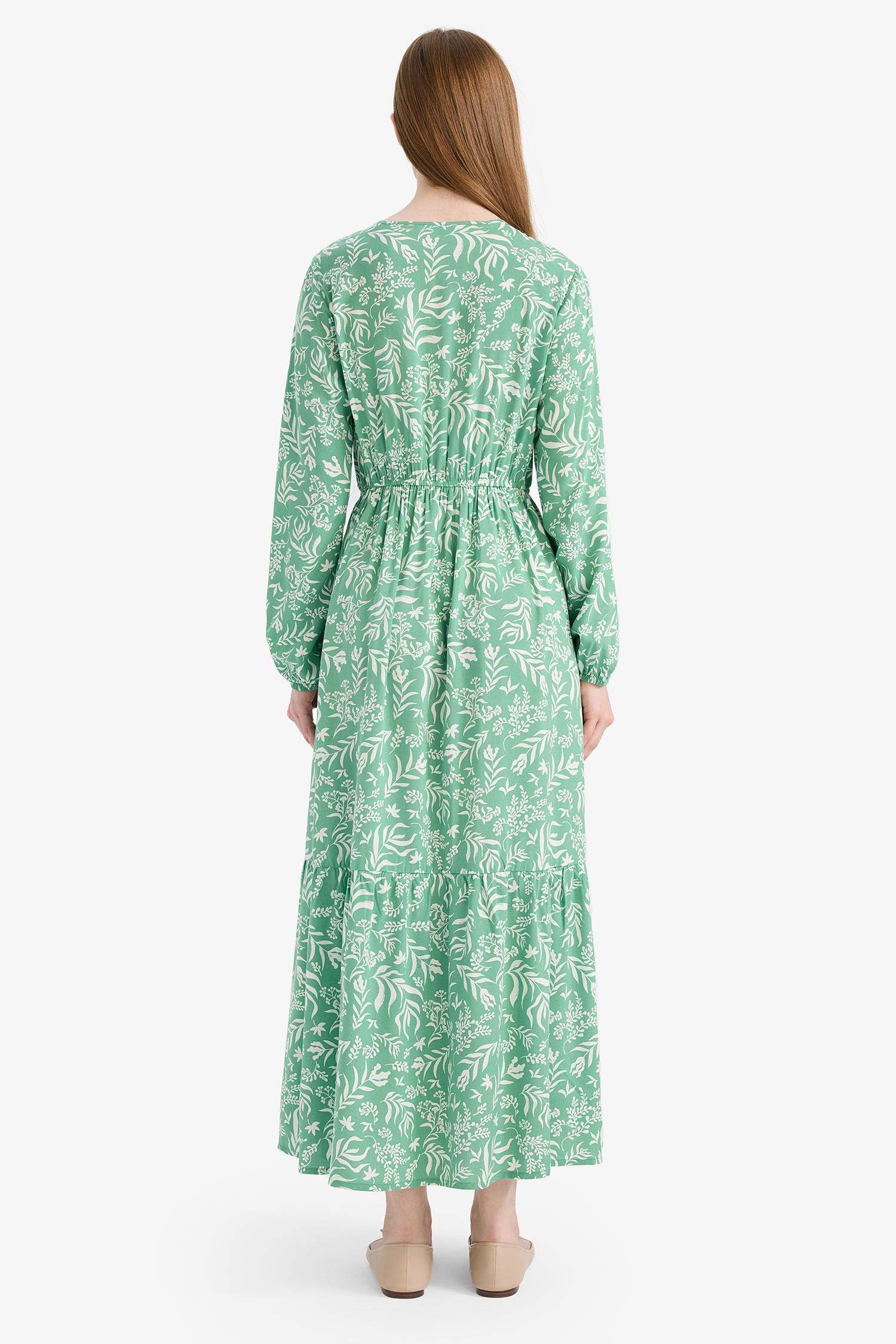 Bisiklet Yaka Desenli Viskon Uzun Kollu Maxi Elbise