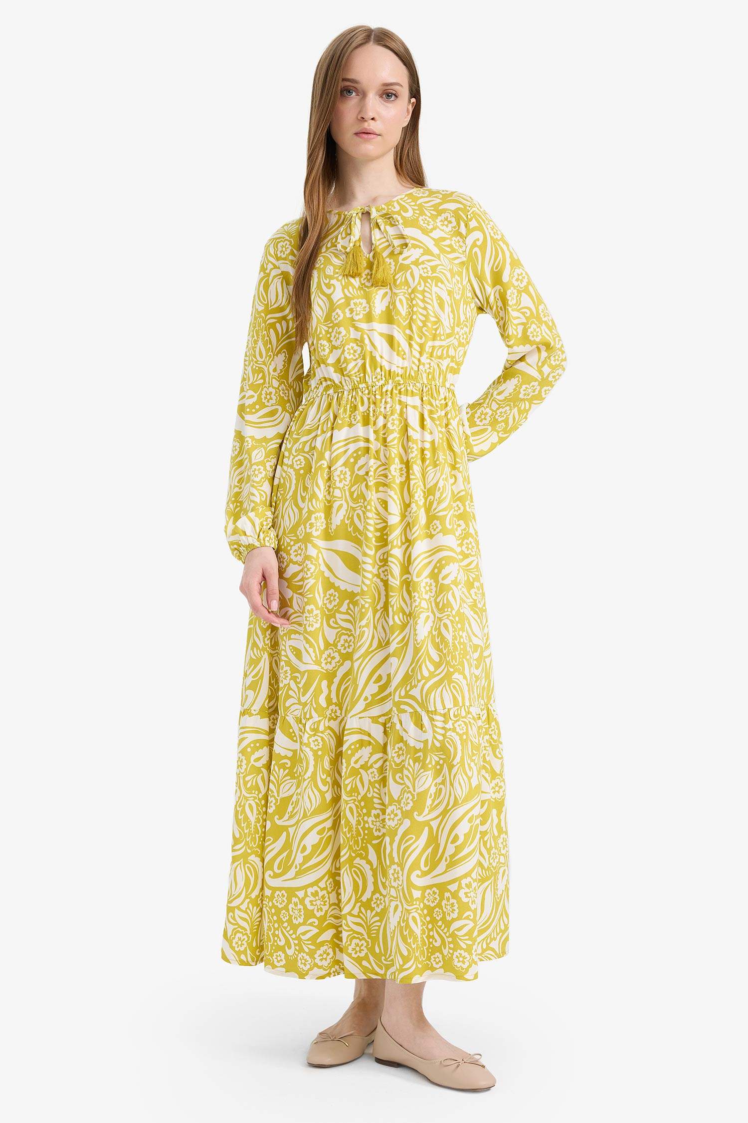 فستان طويل فيسكوز مطبوع بياخة مستديرة