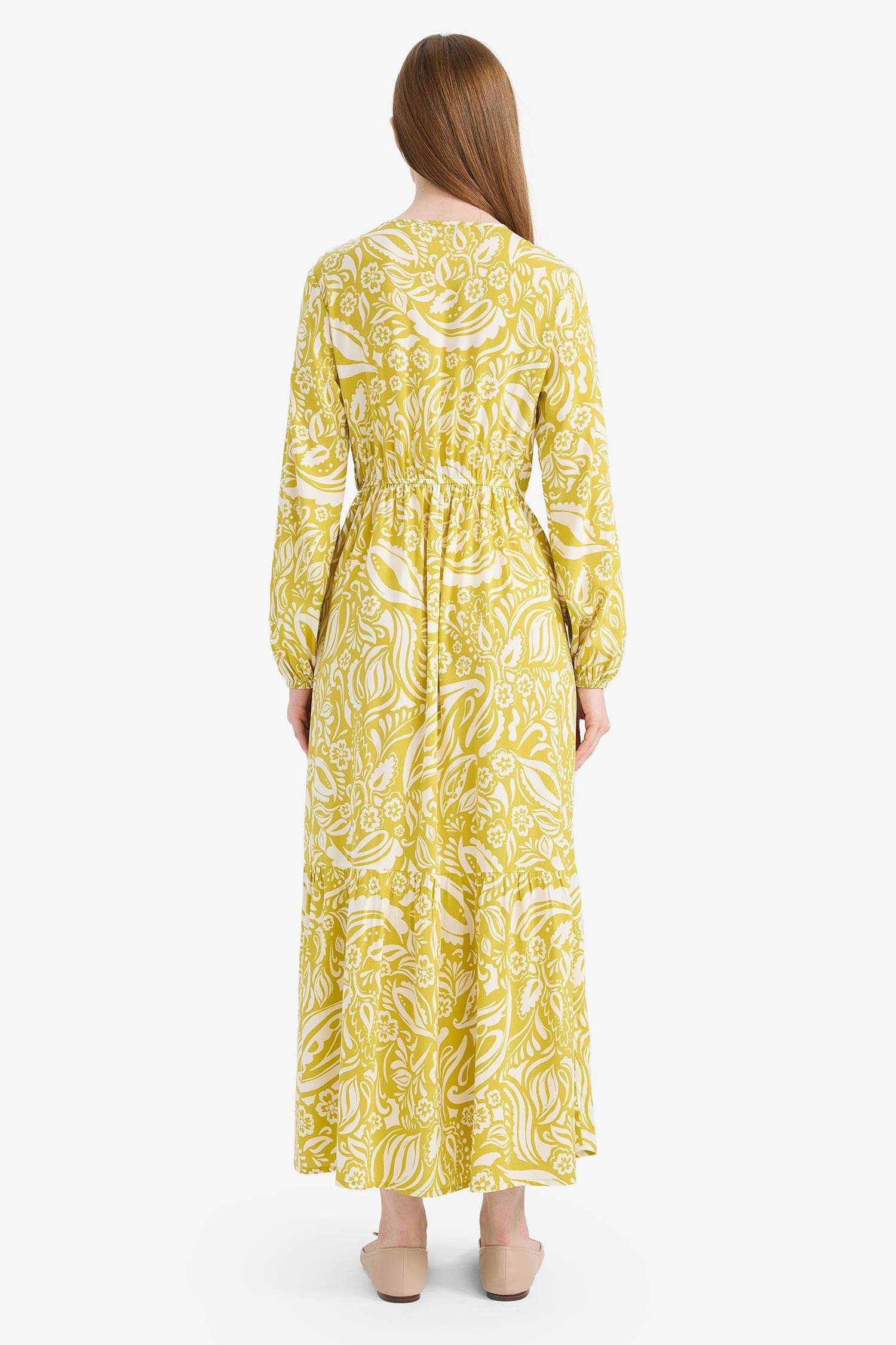 فستان طويل فيسكوز مطبوع بياخة مستديرة