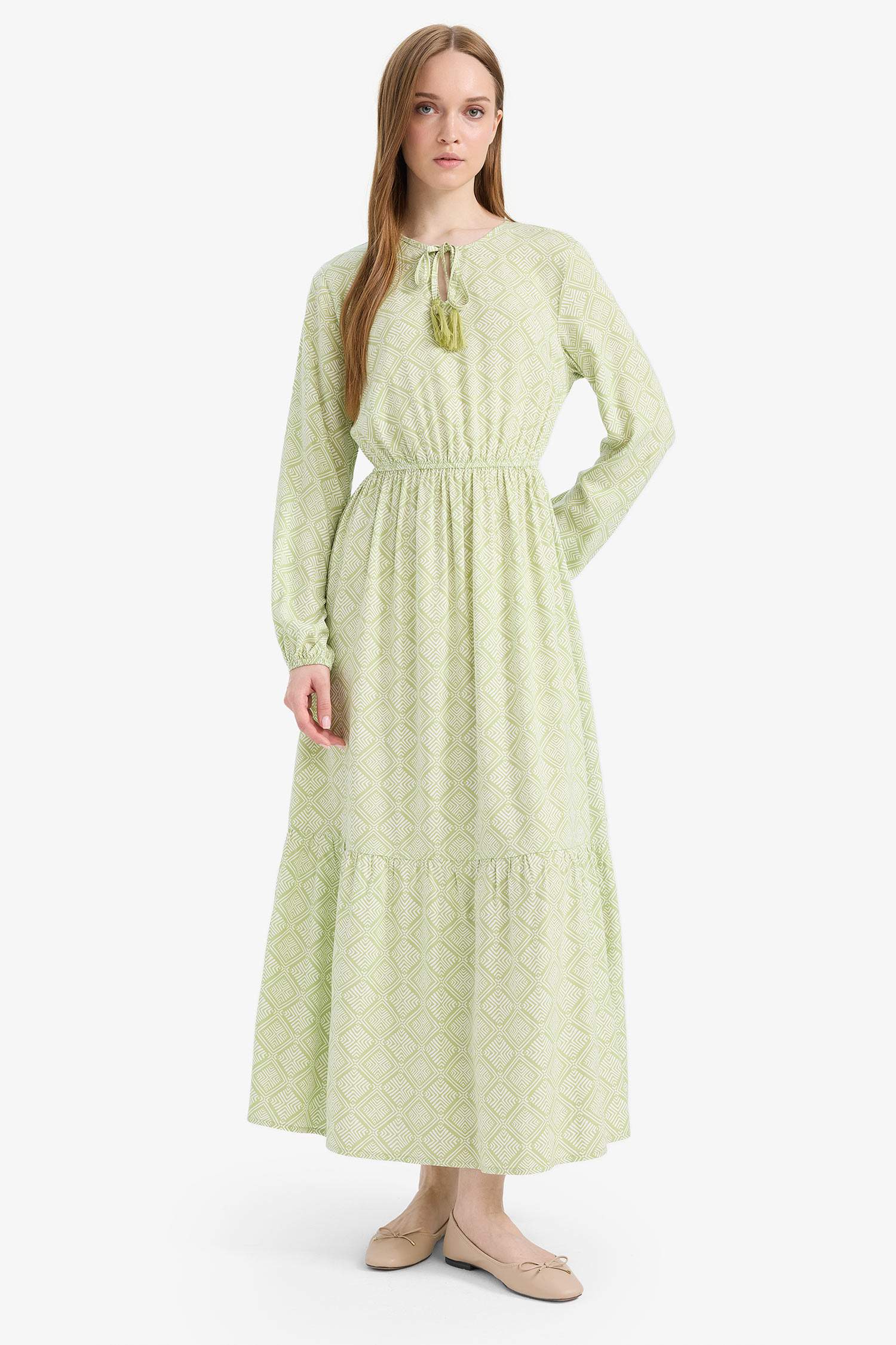 Bisiklet Yaka Desenli Viskon Uzun Kollu Maxi Elbise