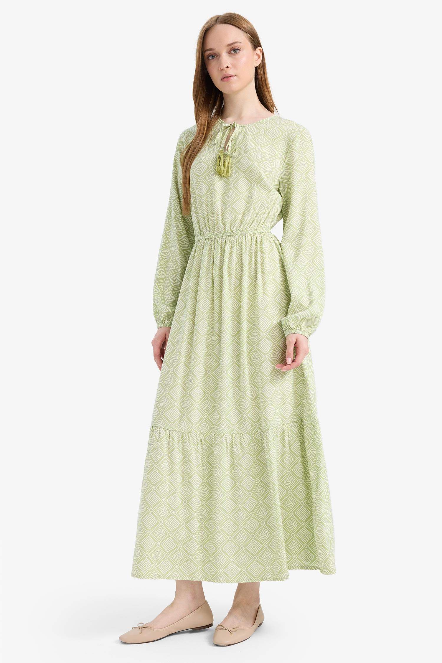 Bisiklet Yaka Desenli Viskon Uzun Kollu Maxi Elbise