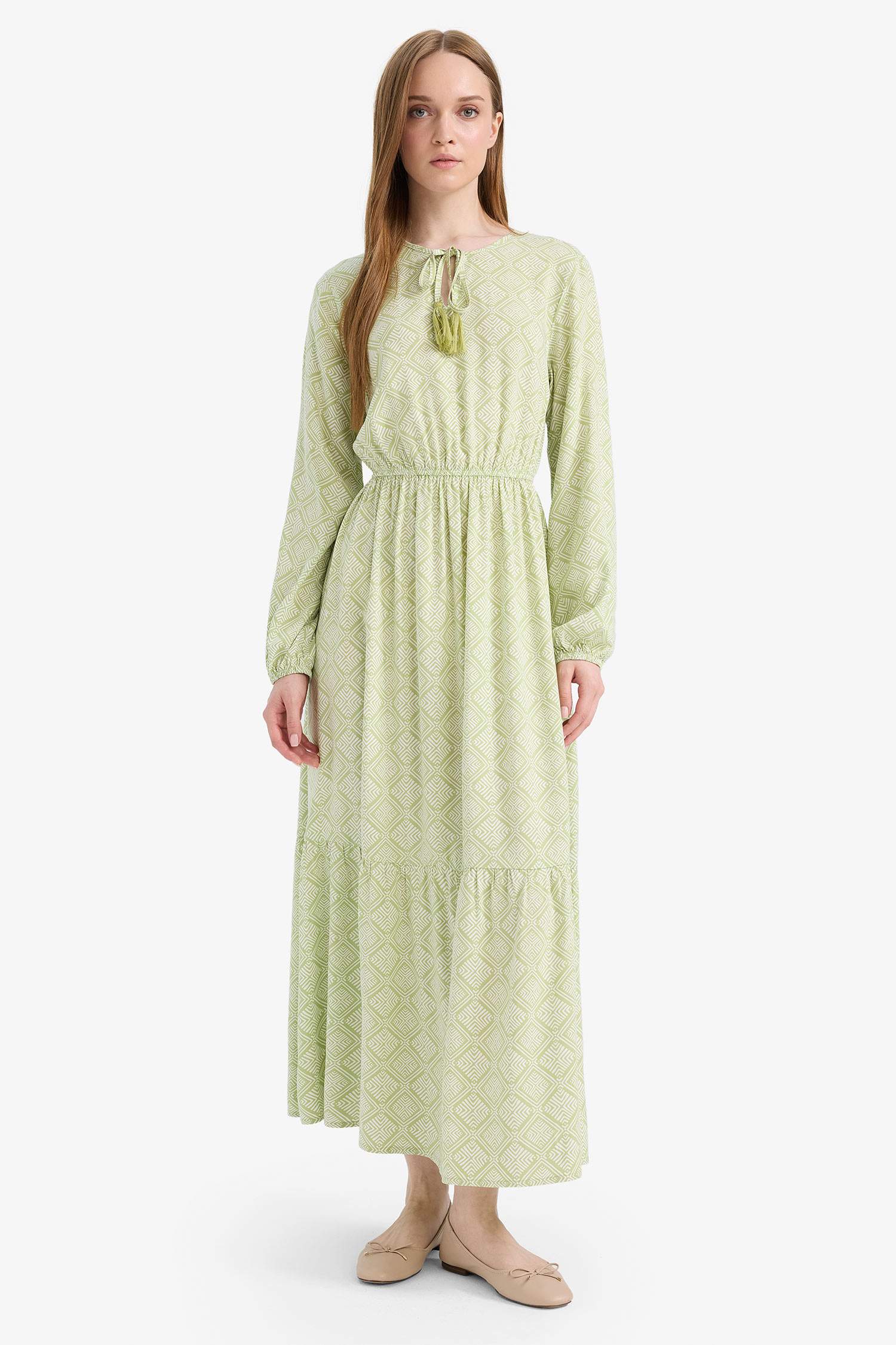 Bisiklet Yaka Desenli Viskon Uzun Kollu Maxi Elbise