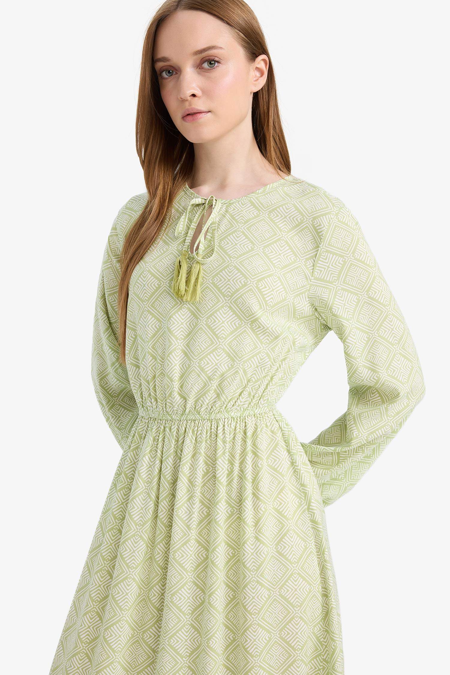 Bisiklet Yaka Desenli Viskon Uzun Kollu Maxi Elbise