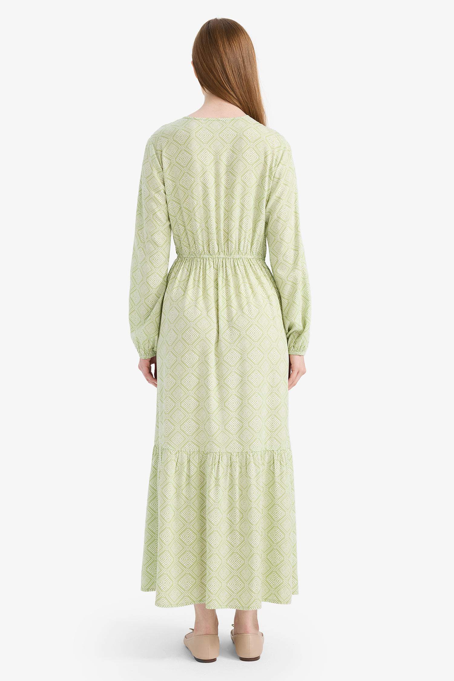 Bisiklet Yaka Desenli Viskon Uzun Kollu Maxi Elbise