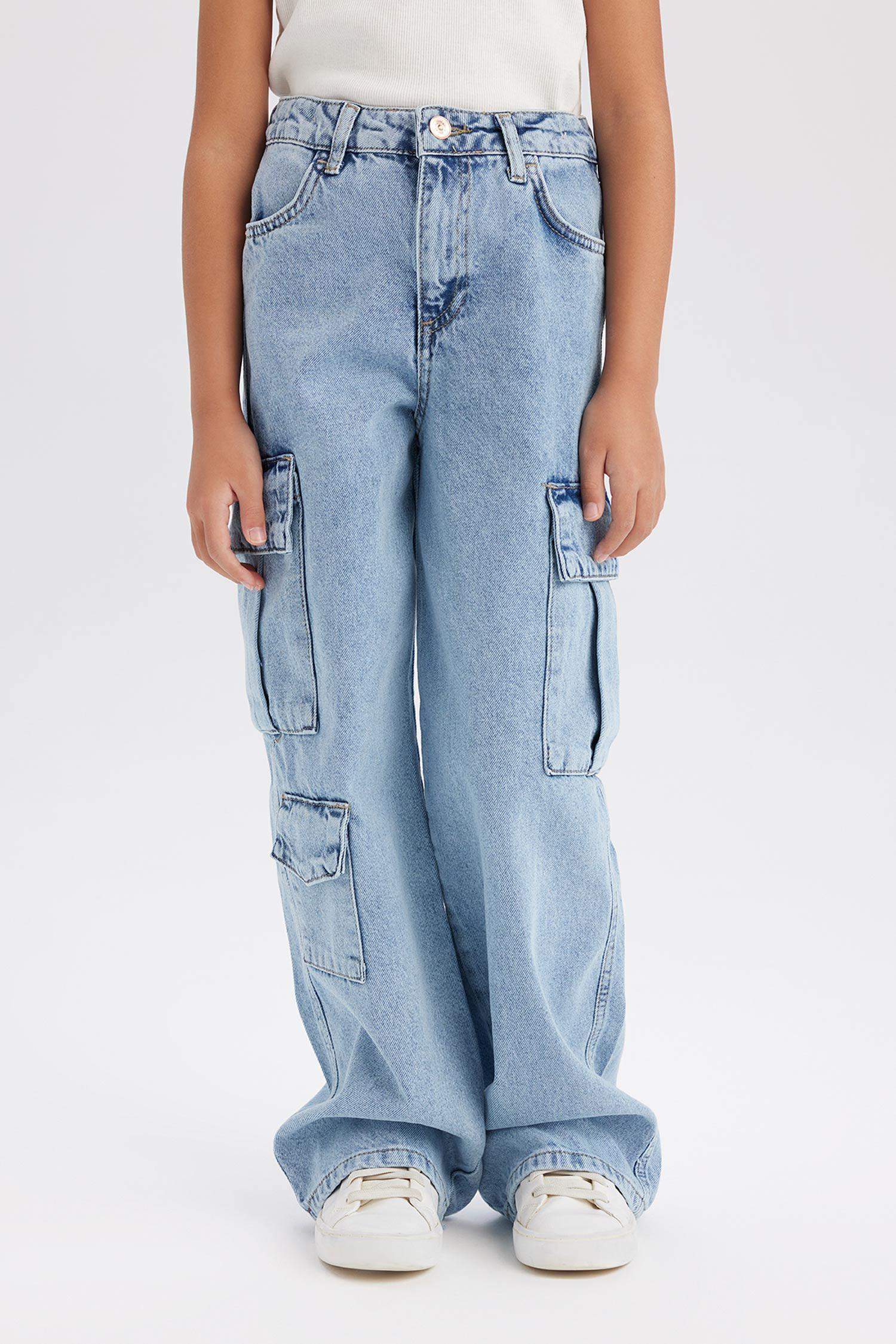 Kız Çocuk Wide Leg Kargo Geniş Paça Pamuklu Jean Pantolon