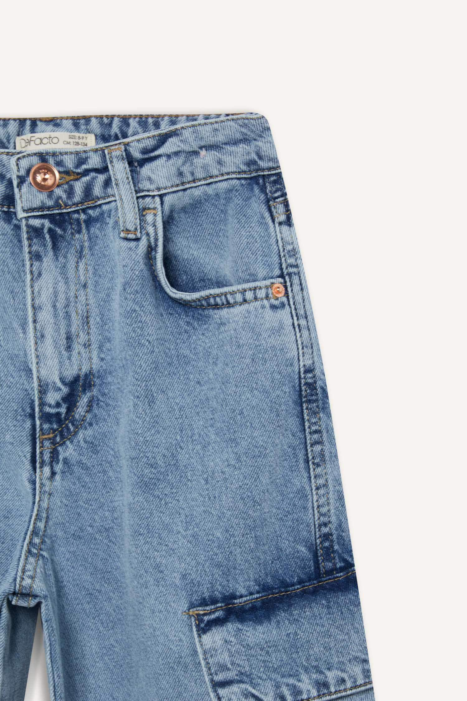 Kız Çocuk Wide Leg Kargo Geniş Paça Pamuklu Jean Pantolon