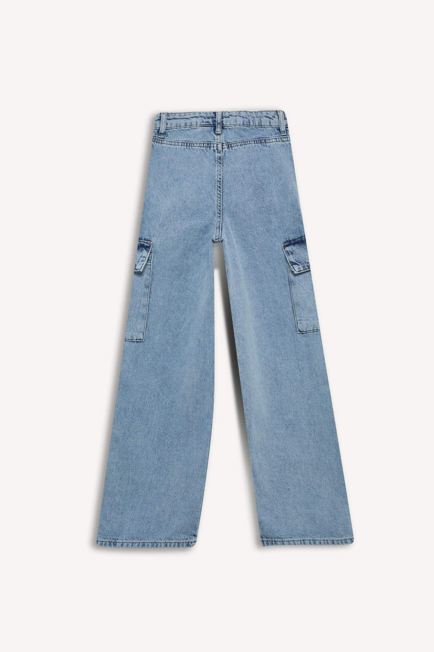 Kız Çocuk Wide Leg Kargo Geniş Paça Pamuklu Jean Pantolon