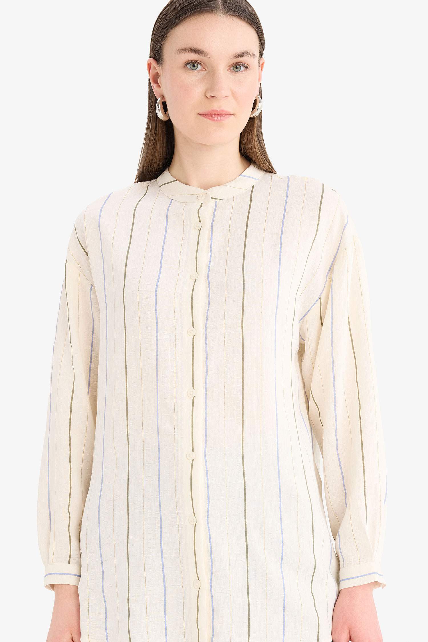 Relax Fit Simli Kumaş Uzun Kollu Tesettür Gömlek Tunik