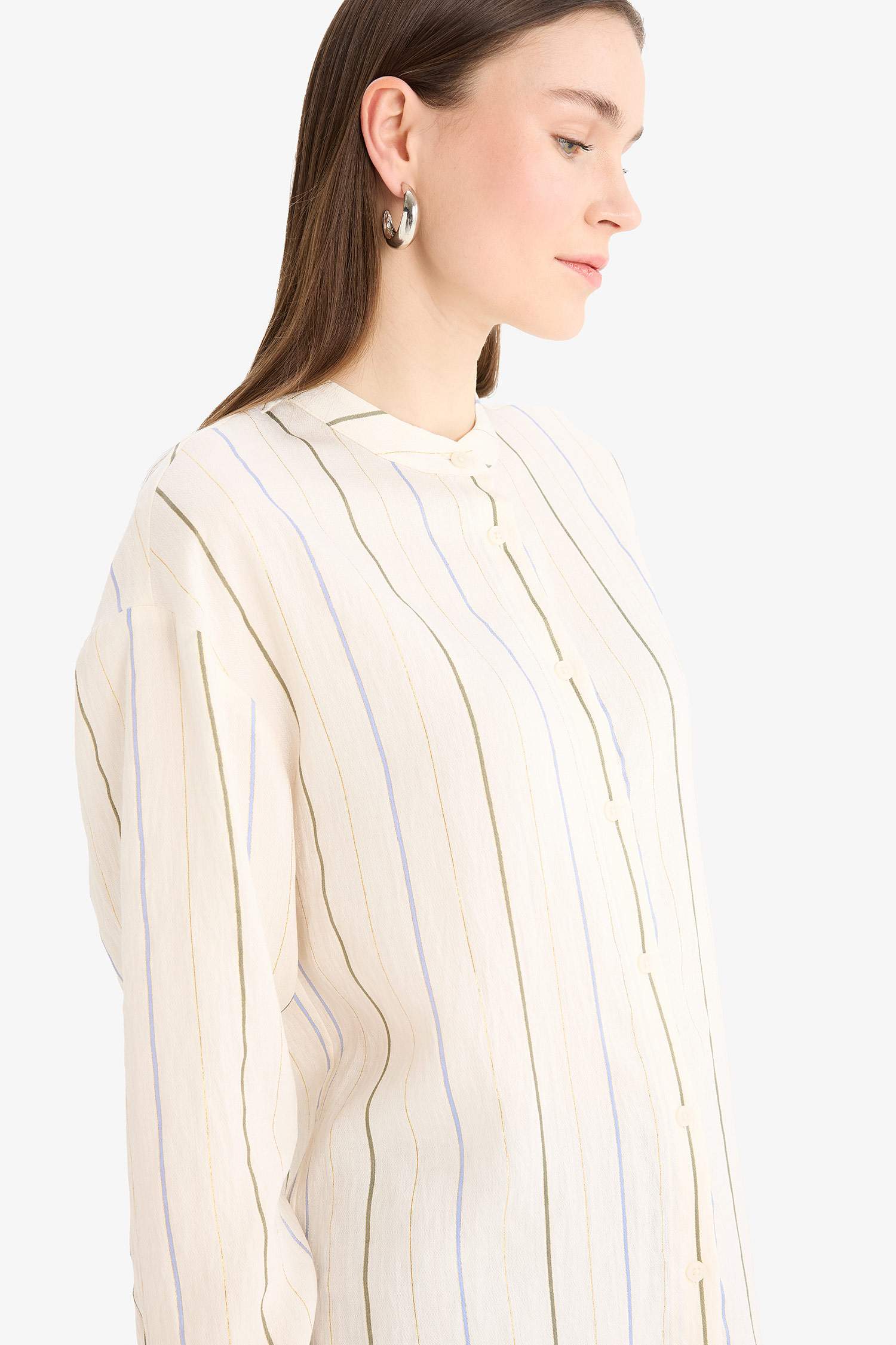 Relax Fit Simli Kumaş Uzun Kollu Tesettür Gömlek Tunik