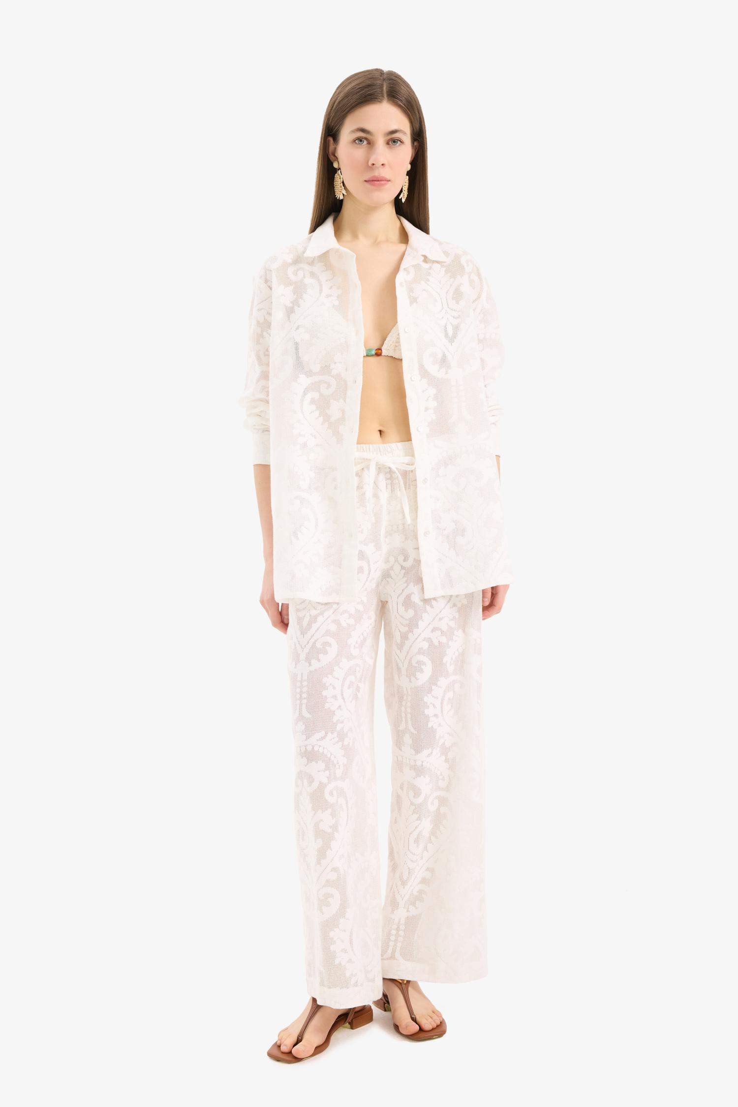 Dantelli Beli Lastikli Beyaz Plaj Pantolonu-Fall in Love