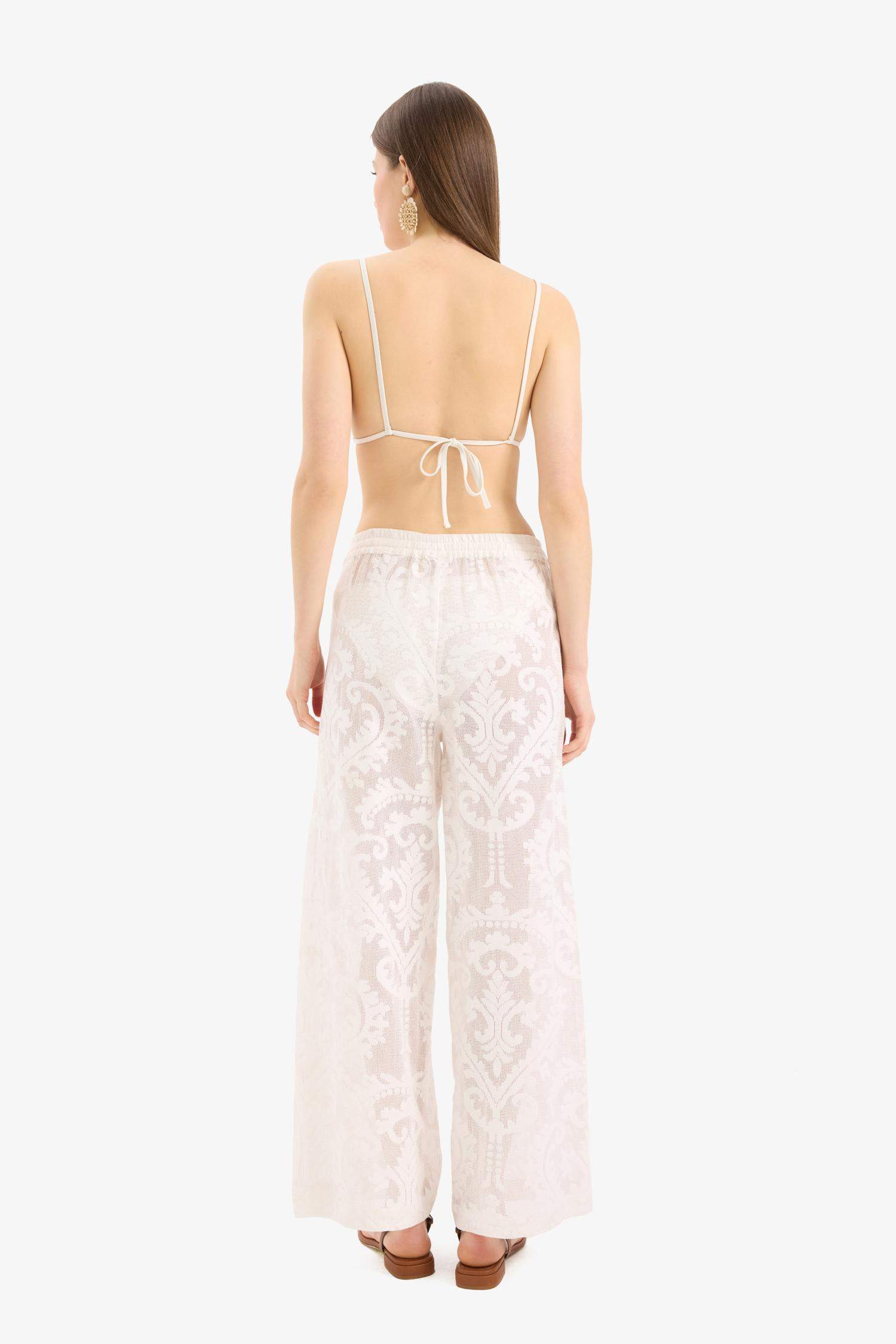 Dantelli Beli Lastikli Beyaz Plaj Pantolonu-Fall in Love