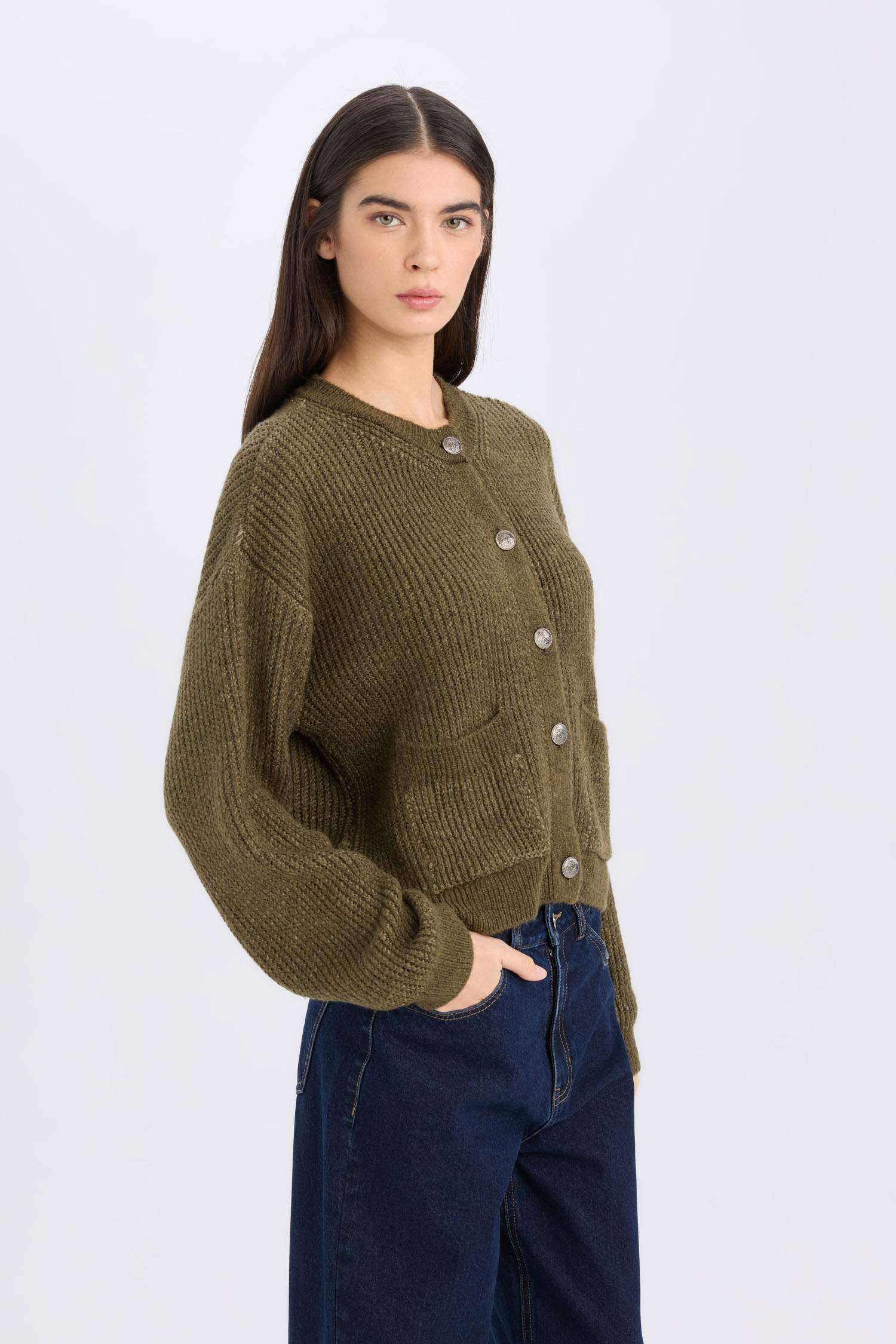 Regular Fit Bisiklet Yaka Düğmeli Triko Hırka