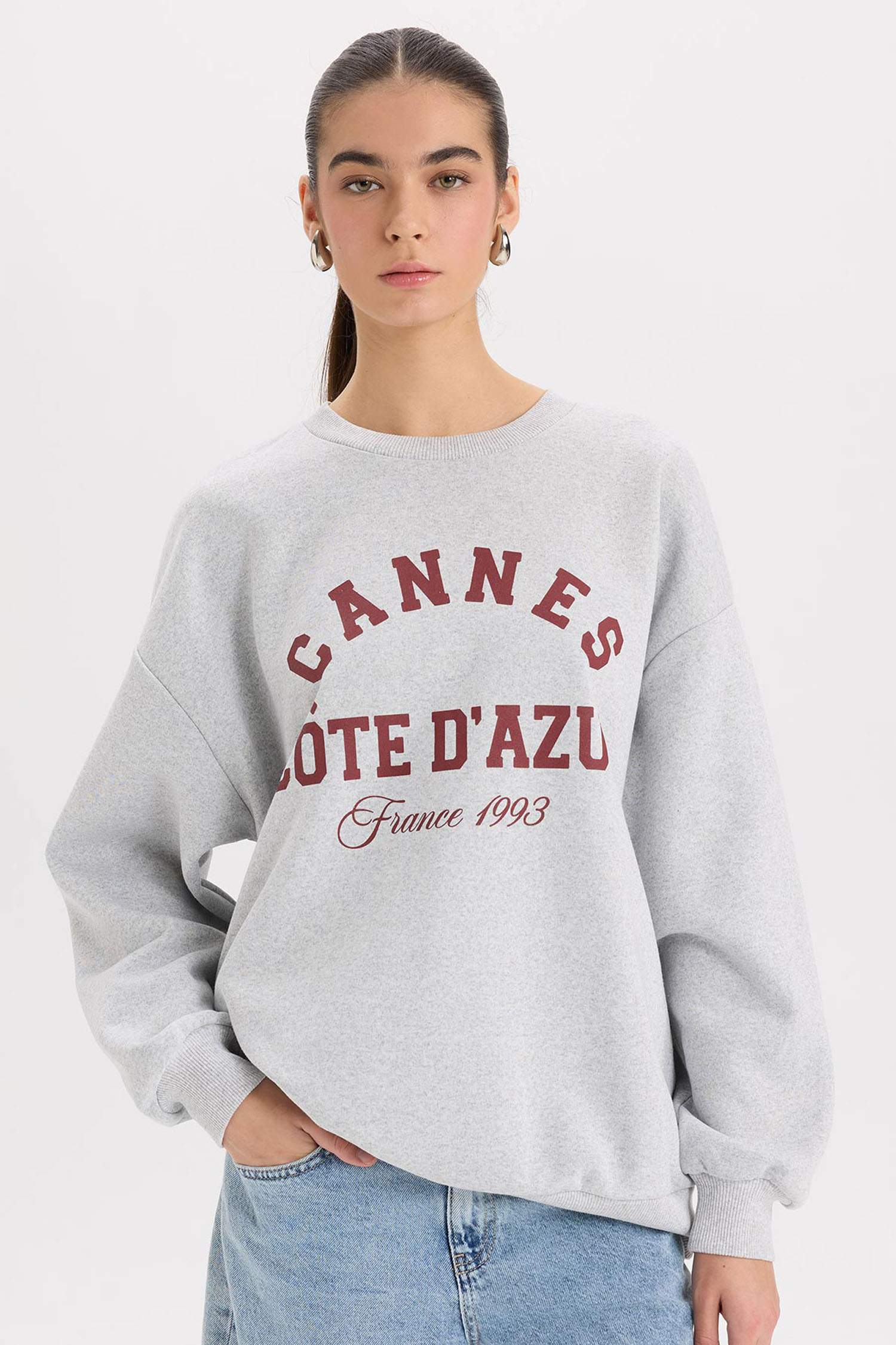 Oversize Geniş Kalıp Bisiklet Yaka Baskılı Kalın Sweatshirt