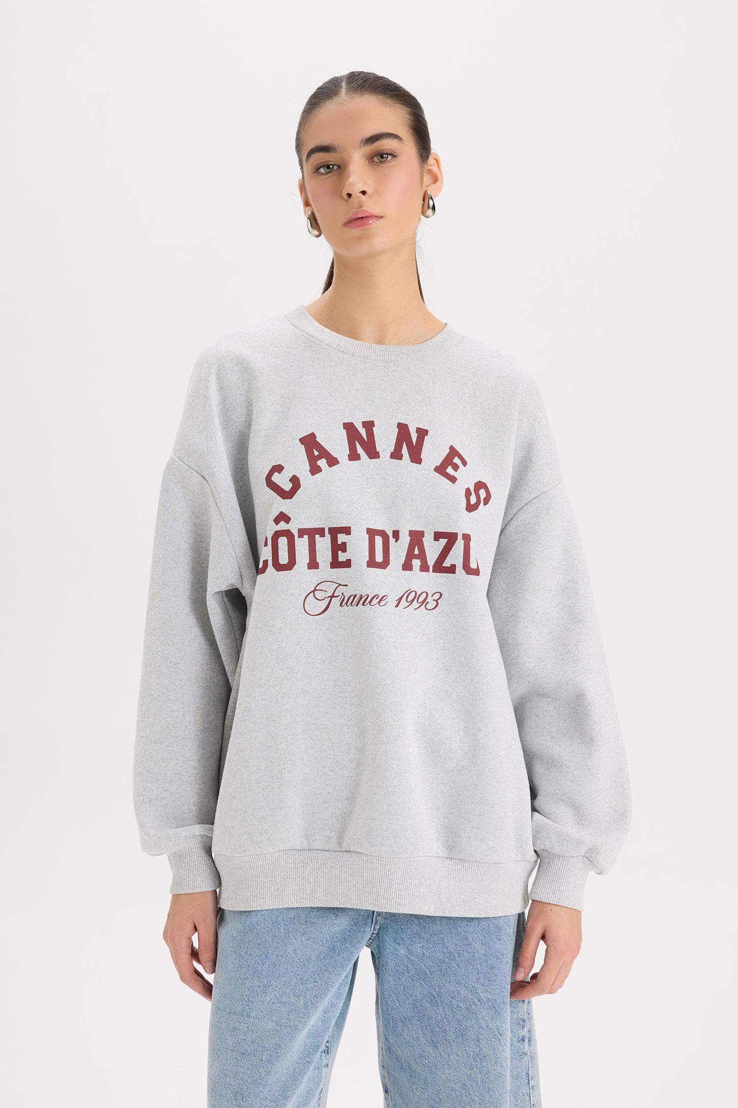 Oversize Geniş Kalıp Bisiklet Yaka Baskılı Kalın Sweatshirt