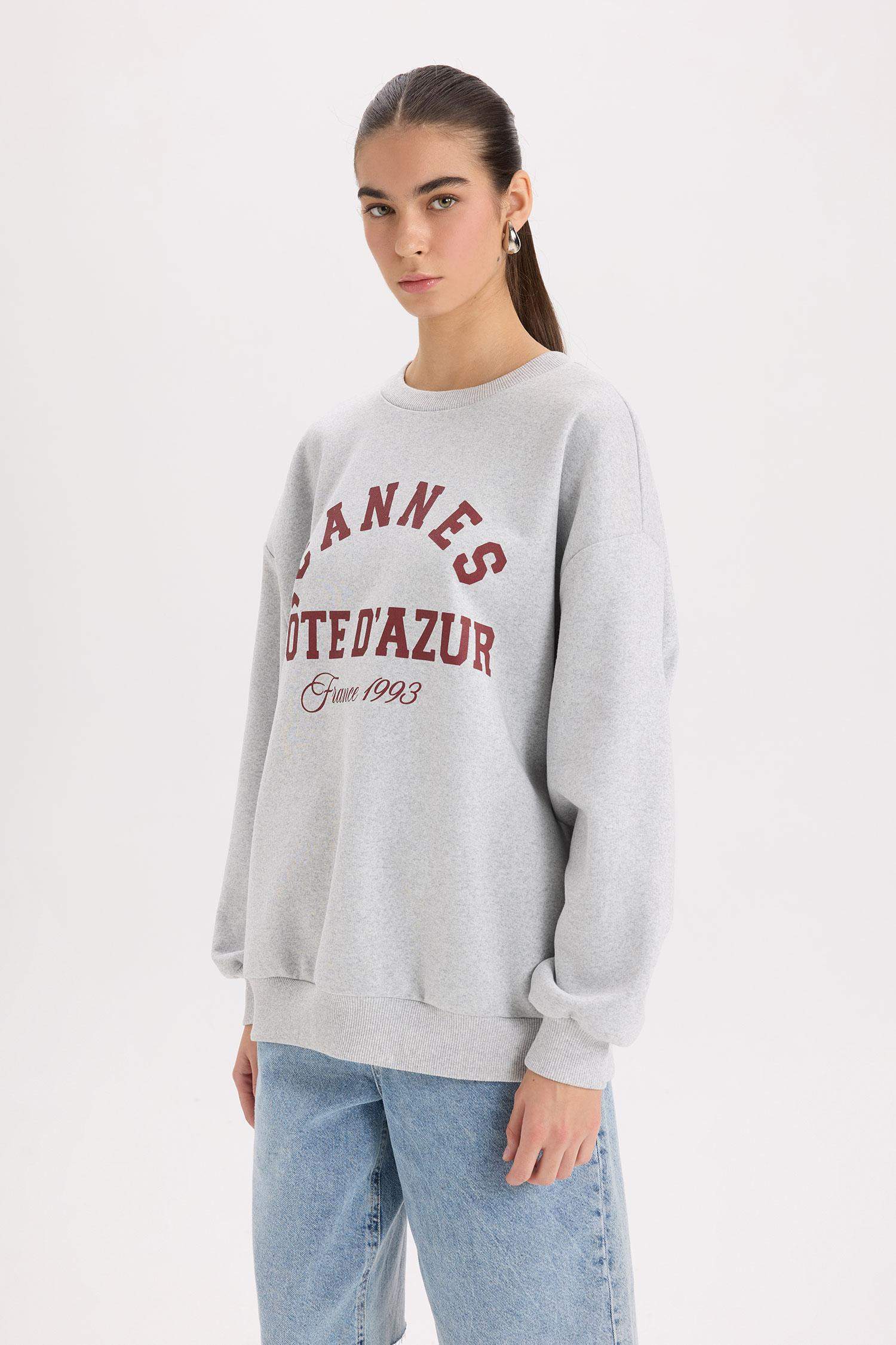 Oversize Geniş Kalıp Bisiklet Yaka Baskılı Kalın Sweatshirt