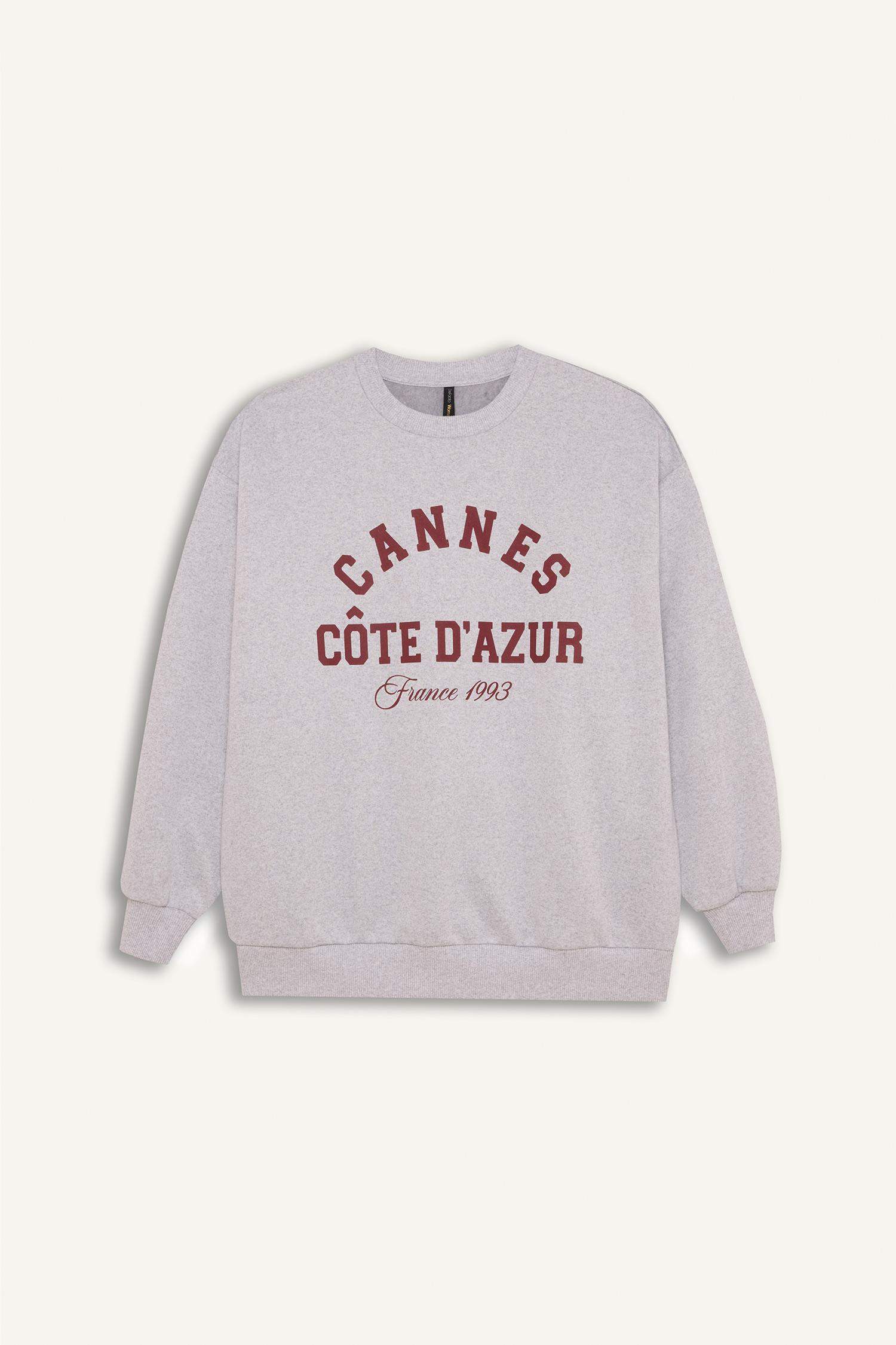 Oversize Geniş Kalıp Bisiklet Yaka Baskılı Kalın Sweatshirt