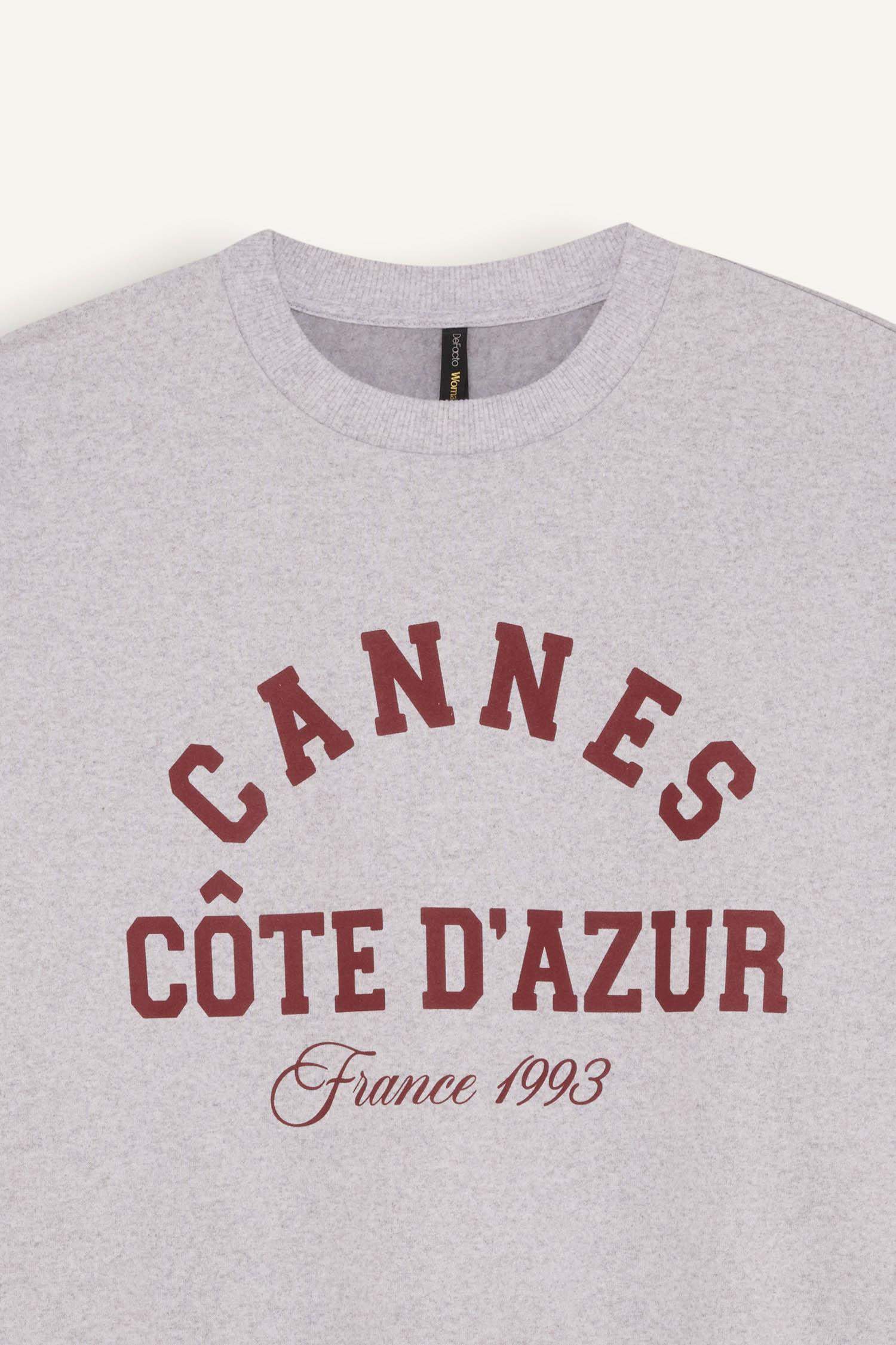 Oversize Geniş Kalıp Bisiklet Yaka Baskılı Kalın Sweatshirt