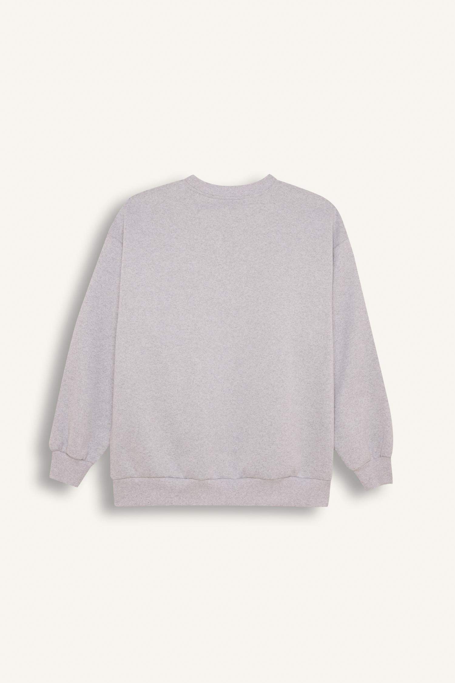 Oversize Geniş Kalıp Bisiklet Yaka Baskılı Kalın Sweatshirt