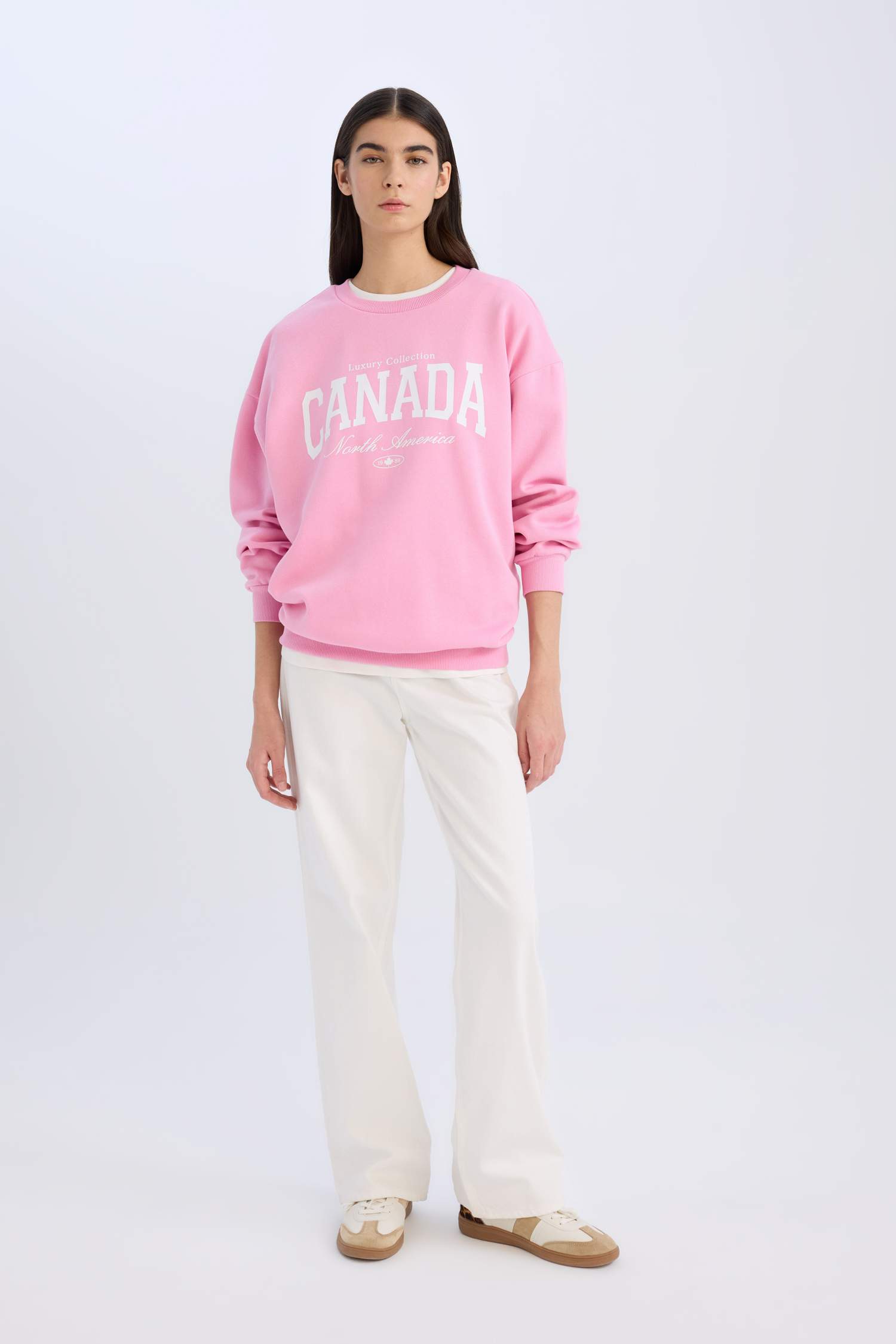 Oversize Geniş Kalıp Bisiklet Yaka Baskılı Kalın Sweatshirt