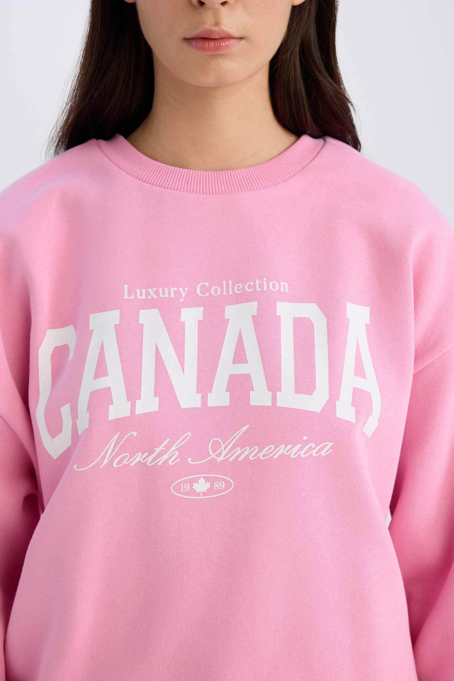 Oversize Geniş Kalıp Bisiklet Yaka Baskılı Kalın Sweatshirt