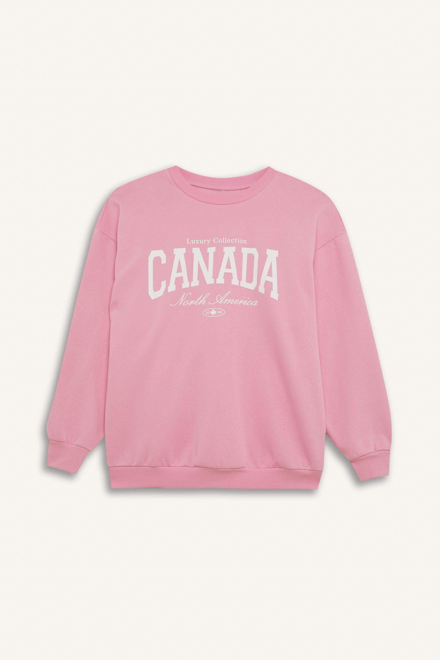 Oversize Geniş Kalıp Bisiklet Yaka Baskılı Kalın Sweatshirt